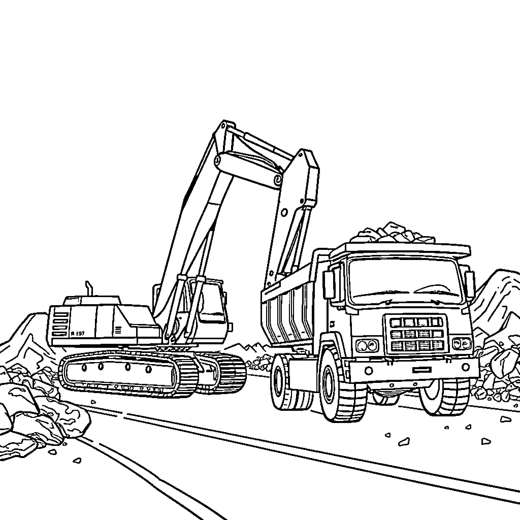 Excavator loading materials onto a dump truck Coloring Page (free black-and-white line drawing printable PDF for all, from beginners to advanced learners, including children, teens, adults, and seniors)