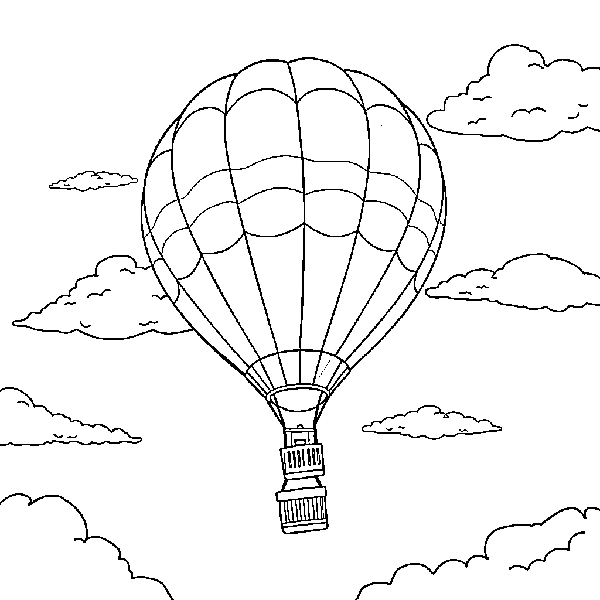 Balloon floating in the sky among clouds Coloring Page (free black-and-white line drawing printable PDF for all, from beginners to advanced learners, including children, teens, adults, and seniors)