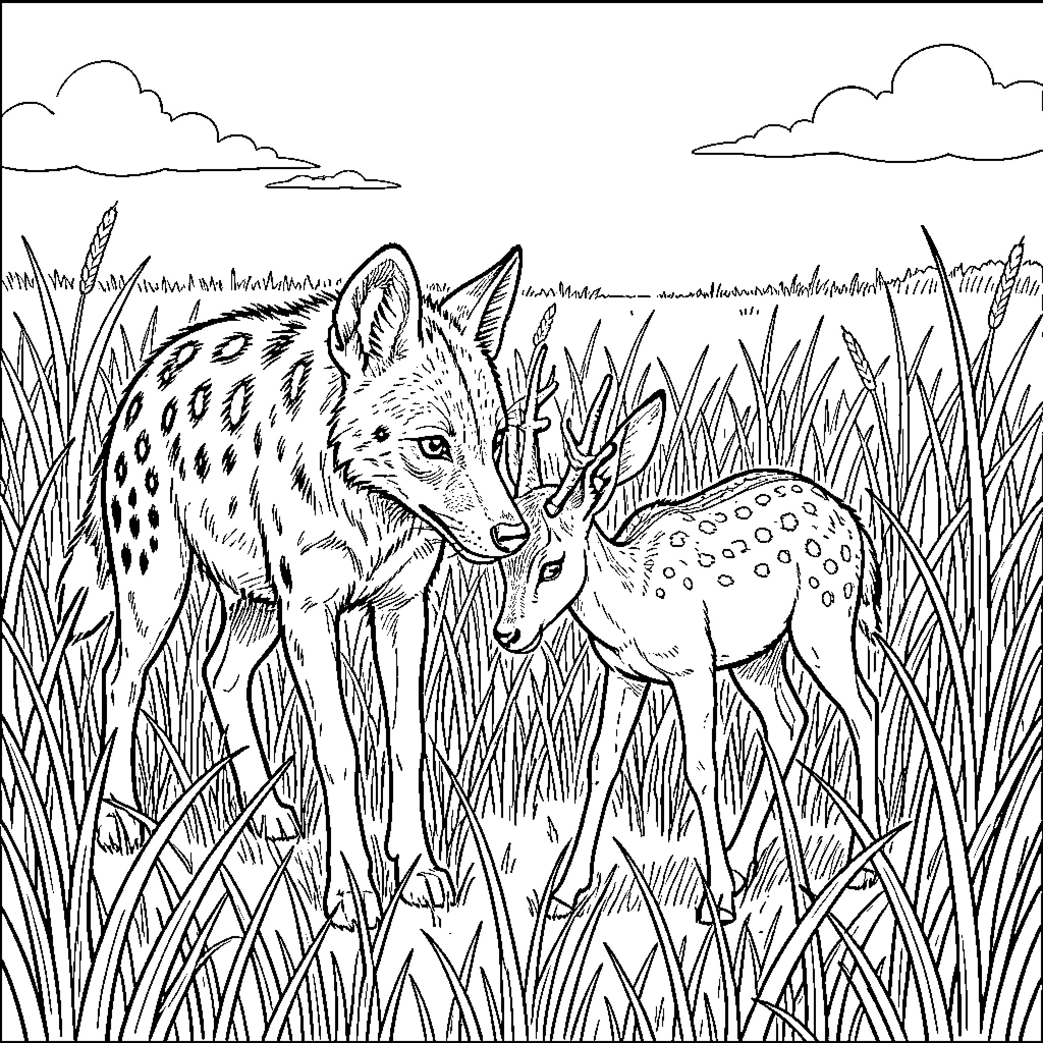 Hyena and a small deer standing in tall grass Coloring Page (free black-and-white line drawing printable PDF for all, from beginners to advanced learners, including children, teens, adults, and seniors)