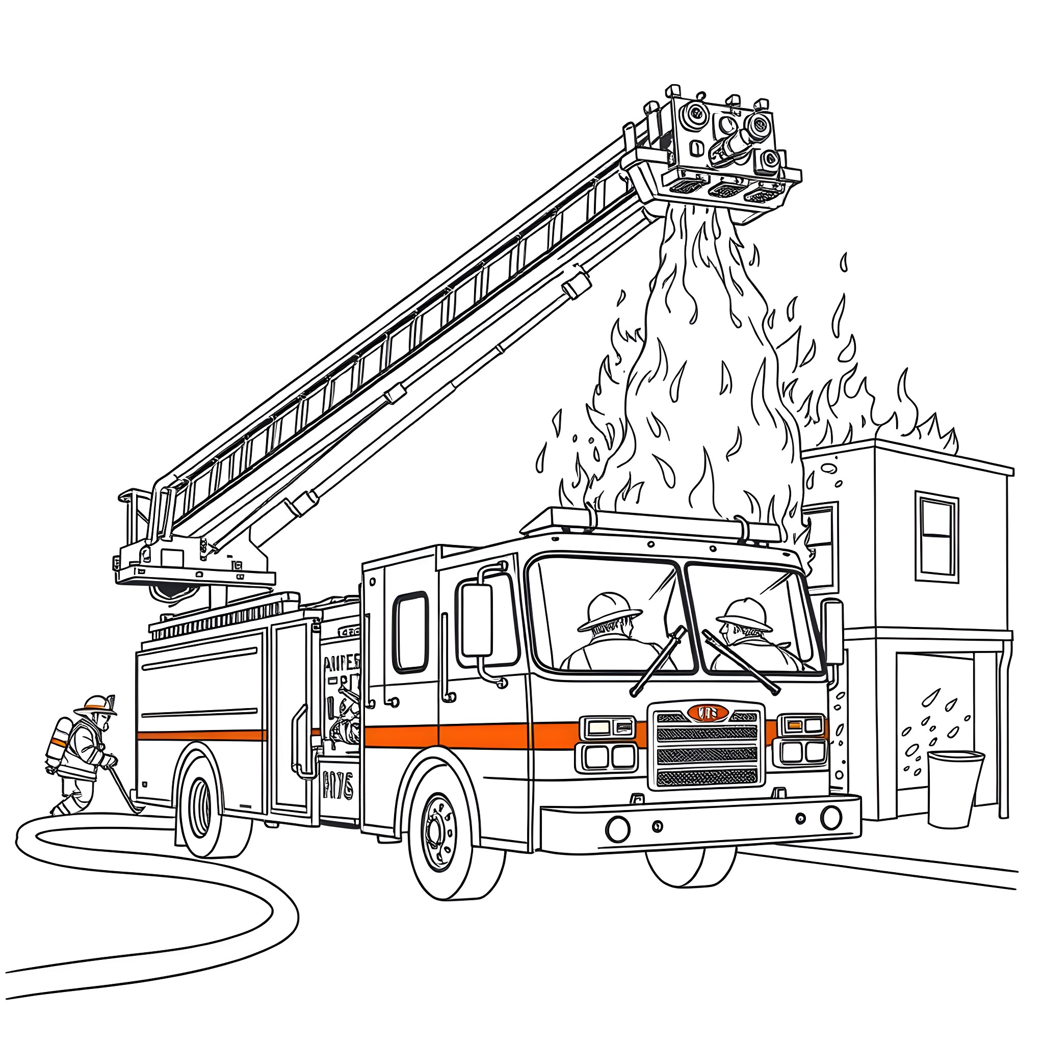 Fire Truck Responding to Emergency with Firefighters in Action Coloring Page (free black-and-white line drawing printable PDF for all, from beginners to advanced learners, including children, teens, adults, and seniors)