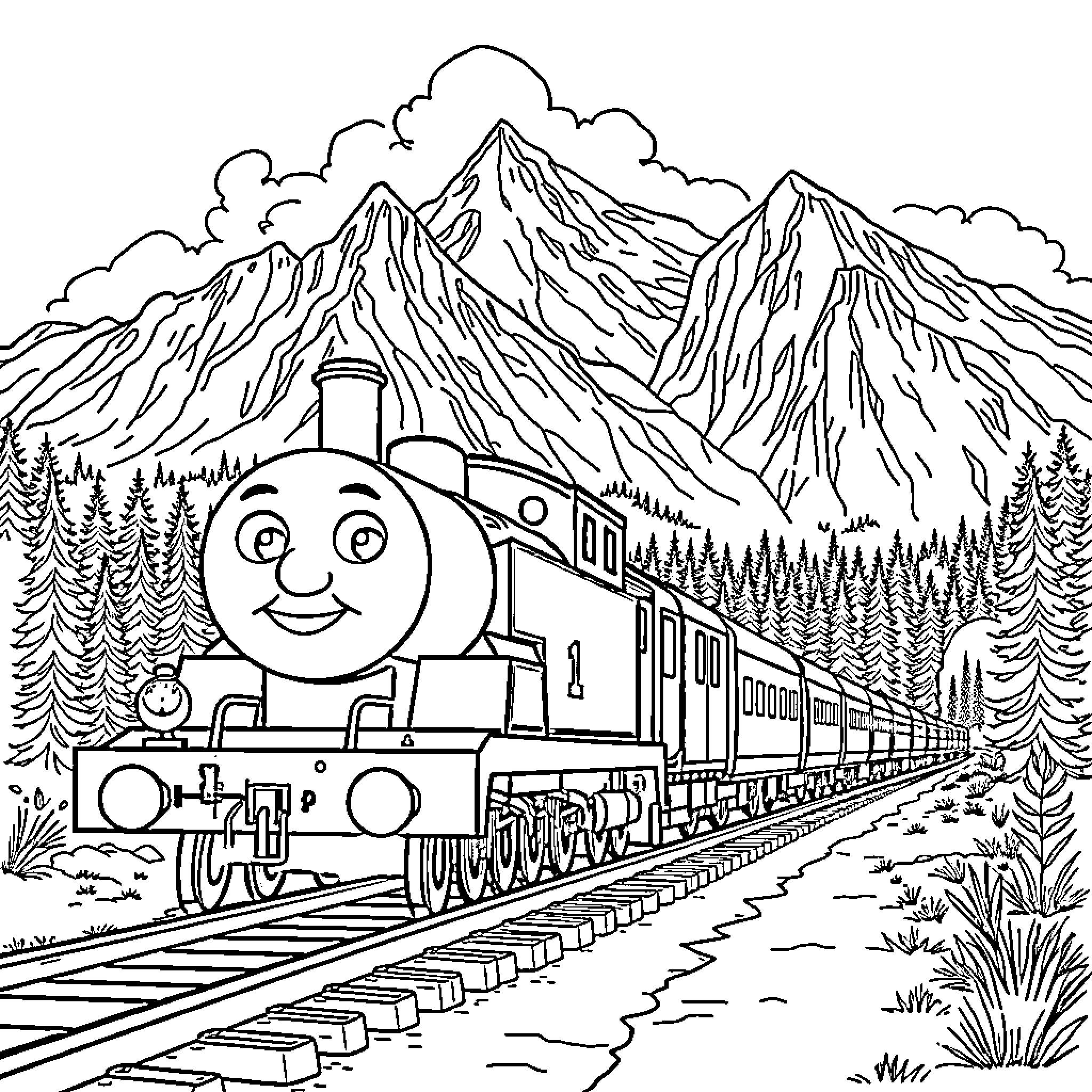 Thomas Train Traveling Through Mountainous Landscape Coloring Page (free black-and-white line drawing printable PDF for all, from beginners to advanced learners, including children, teens, adults, and seniors)