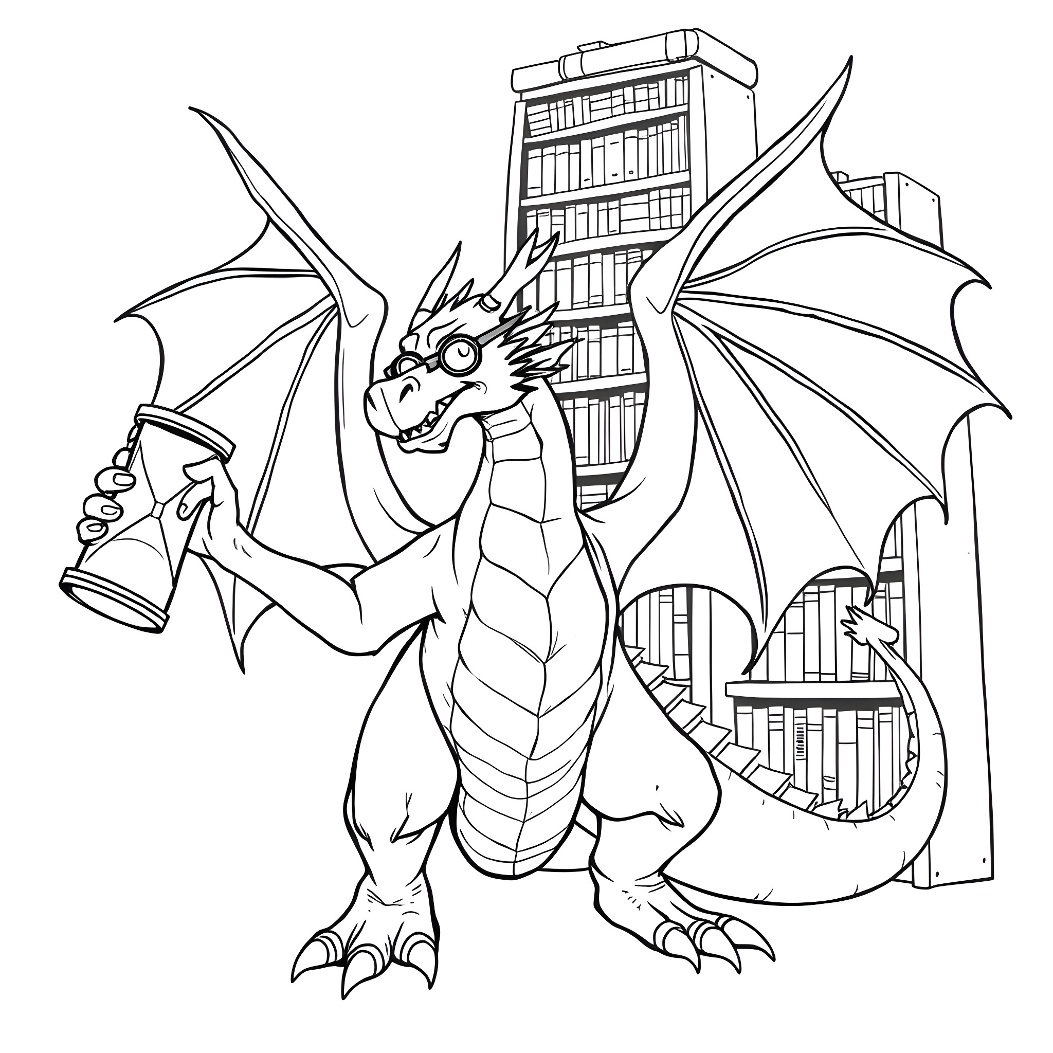 Dragon holding a book in a city Coloring Page (free black-and-white line drawing printable PDF for all, from beginners to advanced learners, including children, teens, adults, and seniors)