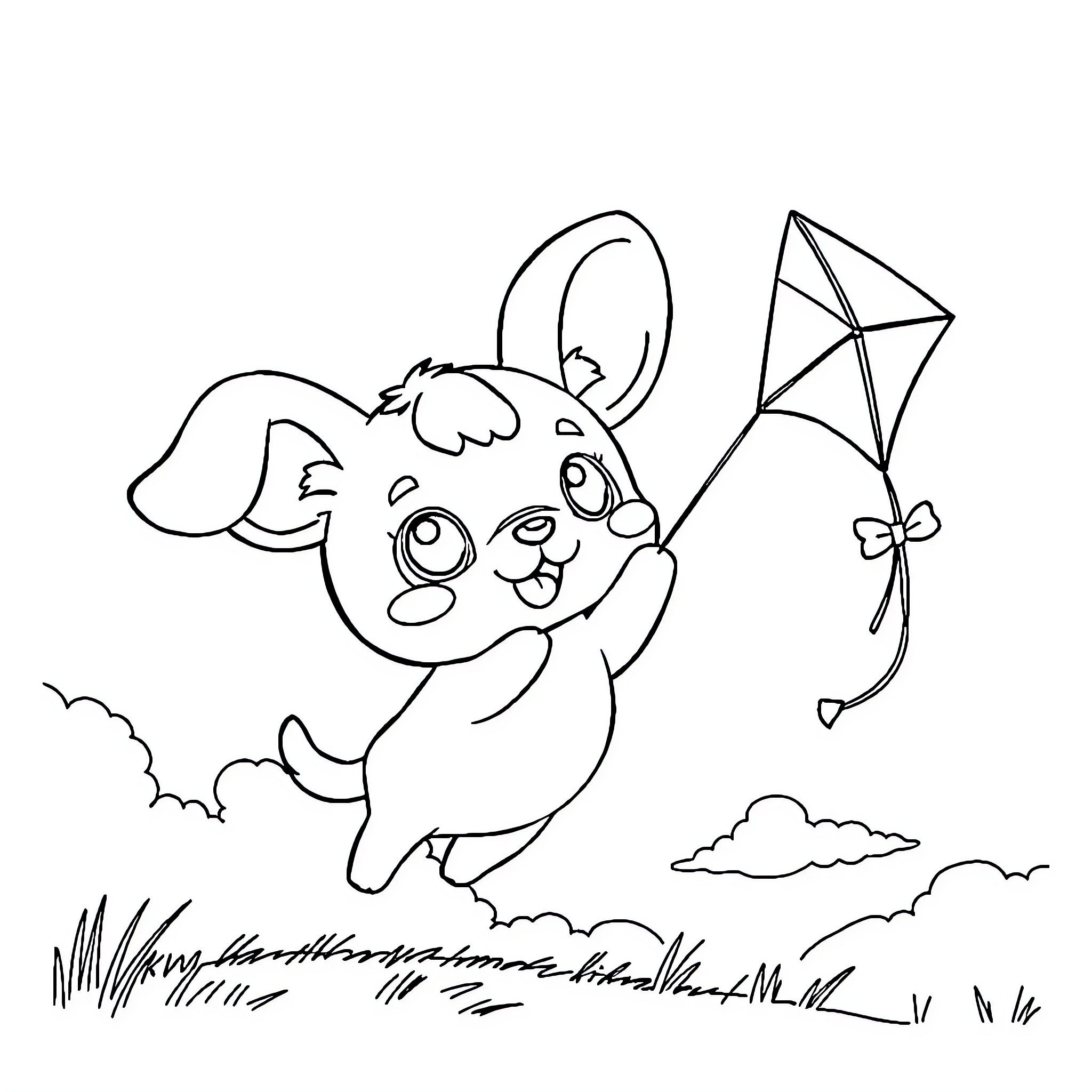 Cinnamoroll flying kite in the meadow Coloring Page (free black-and-white line drawing printable PDF for all, from beginners to advanced learners, including children, teens, adults, and seniors)