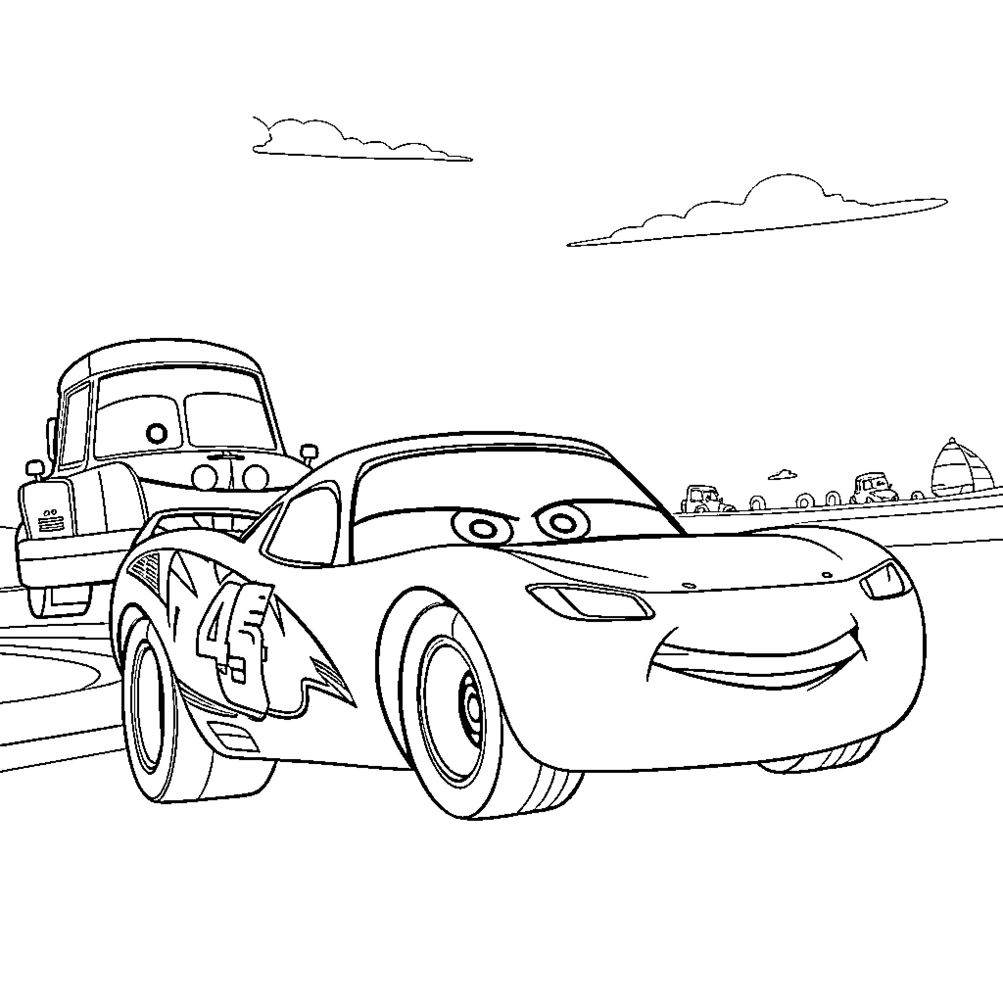 Car racing down the road in the countryside Coloring Page (free black-and-white line drawing printable PDF for all, from beginners to advanced learners, including children, teens, adults, and seniors)