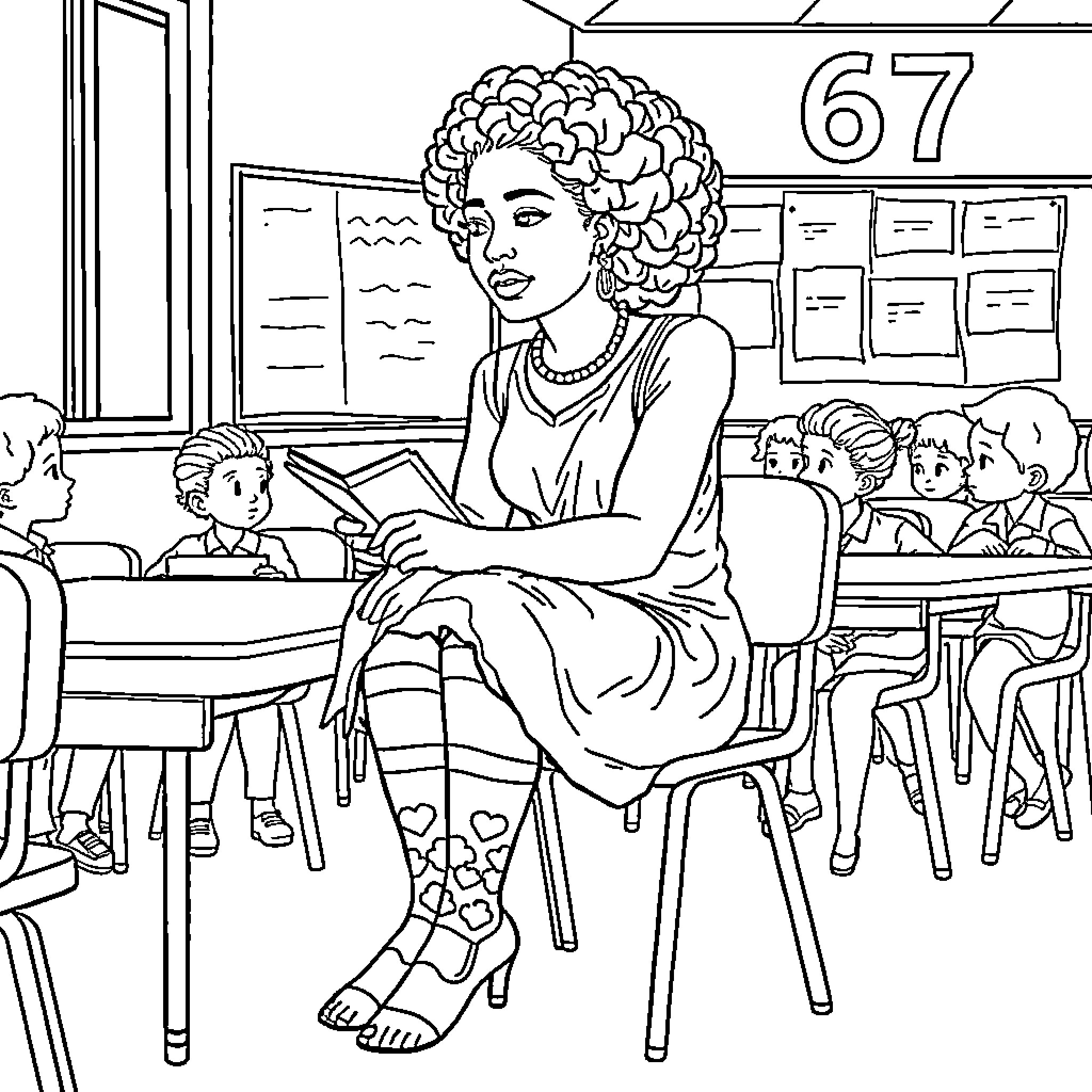 Sappho Teaching Her Students in the Classroom Coloring Page (free black-and-white line drawing printable PDF for all, from beginners to advanced learners, including children, teens, adults, and seniors)