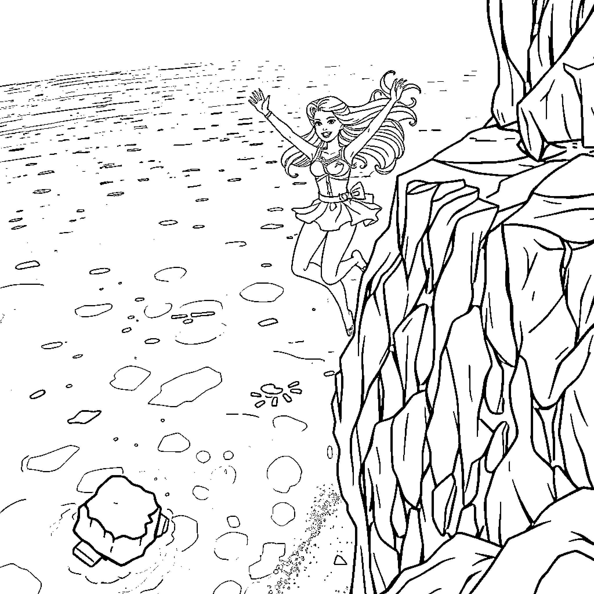 Barbie exploring the underwater world Coloring Page (free black-and-white line drawing printable PDF for all, from beginners to advanced learners, including children, teens, adults, and seniors)