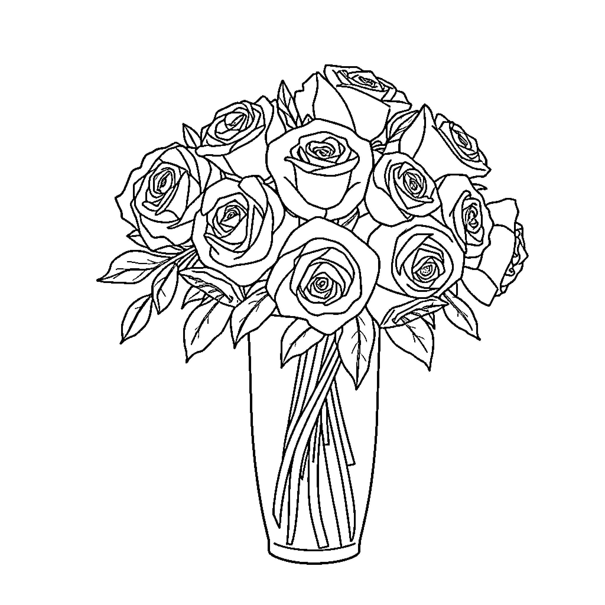 Rose Bouquet in Elegant Vase Coloring Page (free black-and-white line drawing printable PDF for all, from beginners to advanced learners, including children, teens, adults, and seniors)