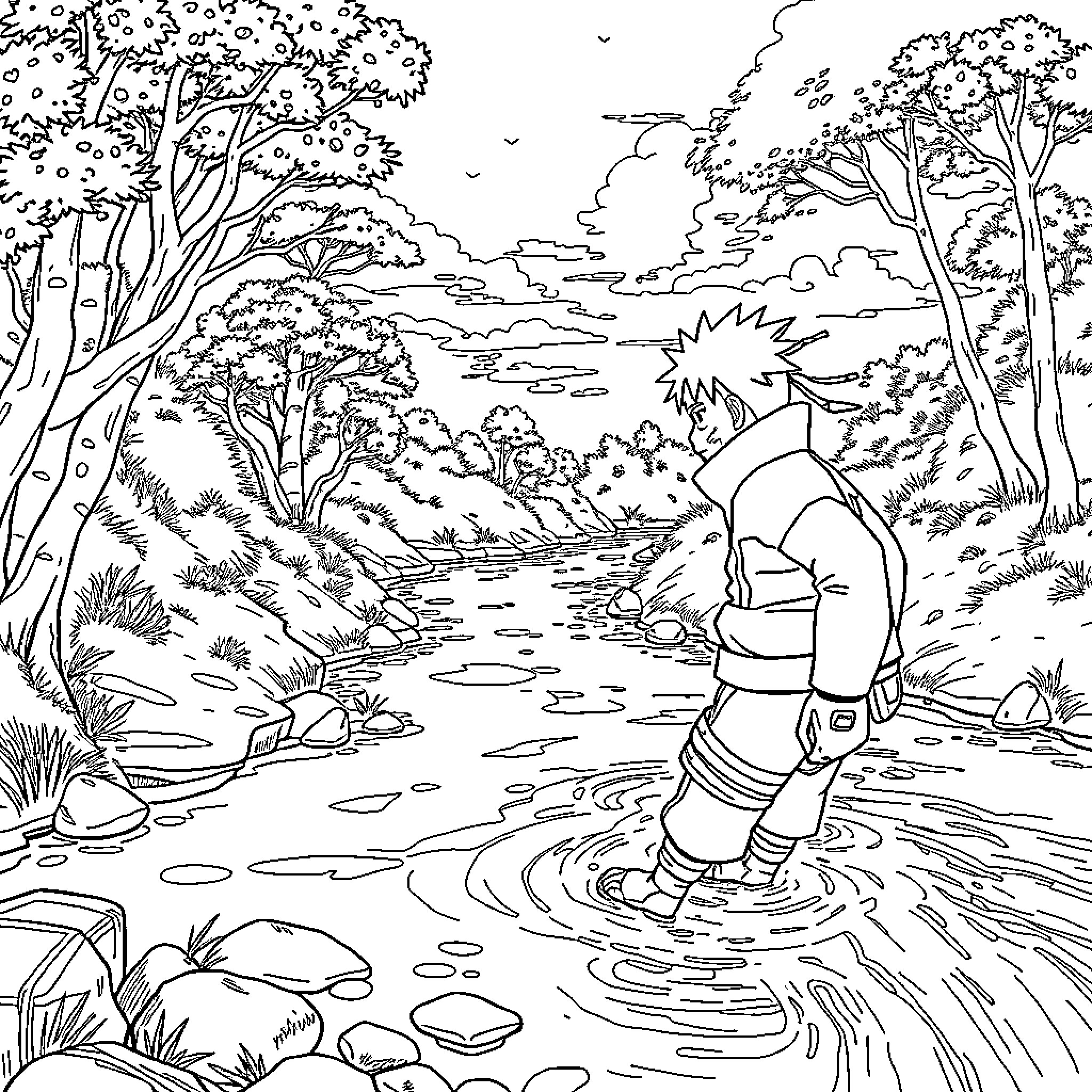Naruto exploring the tranquil forest stream Coloring Page (free black-and-white line drawing printable PDF for all, from beginners to advanced learners, including children, teens, adults, and seniors)