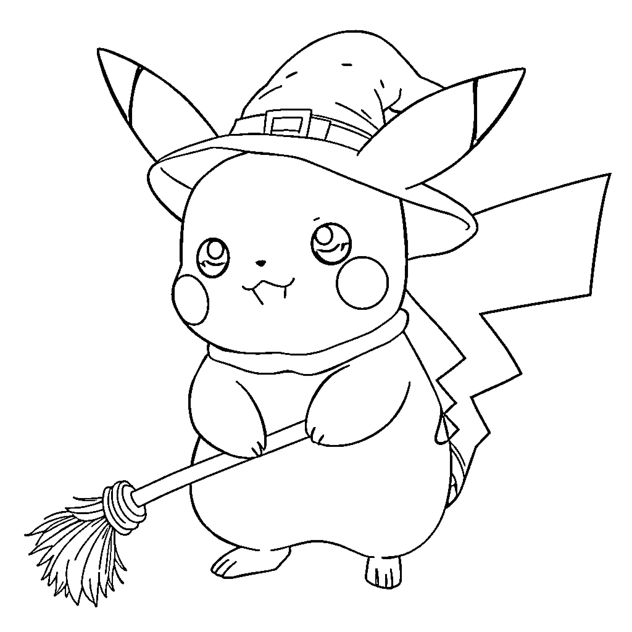 Pikachu dressed as a witch with a broom Coloring Page (free black-and-white line drawing printable PDF for all, from beginners to advanced learners, including children, teens, adults, and seniors)