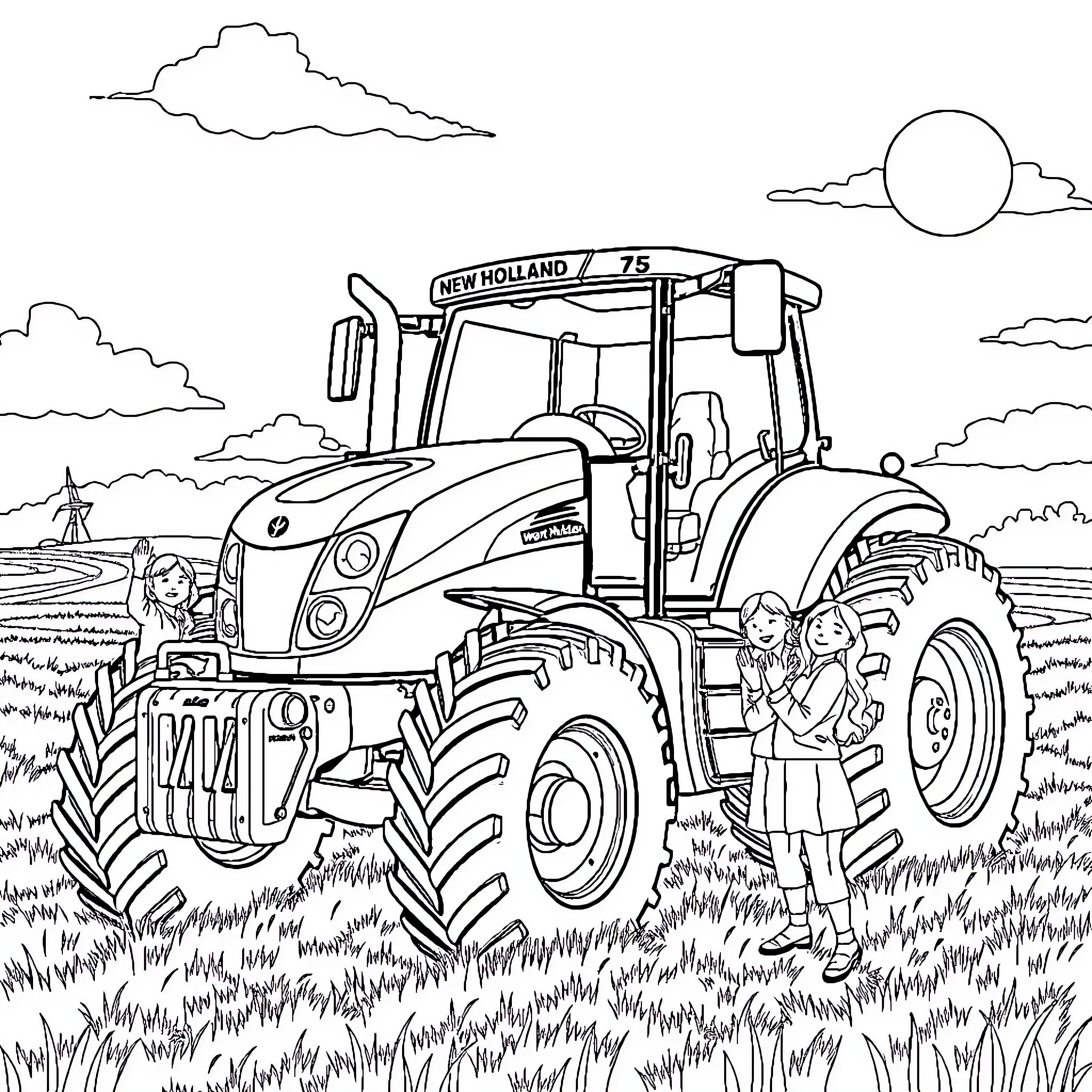 Tractor hard at work in the countryside Coloring Page (free black-and-white line drawing printable PDF for all, from beginners to advanced learners, including children, teens, adults, and seniors)