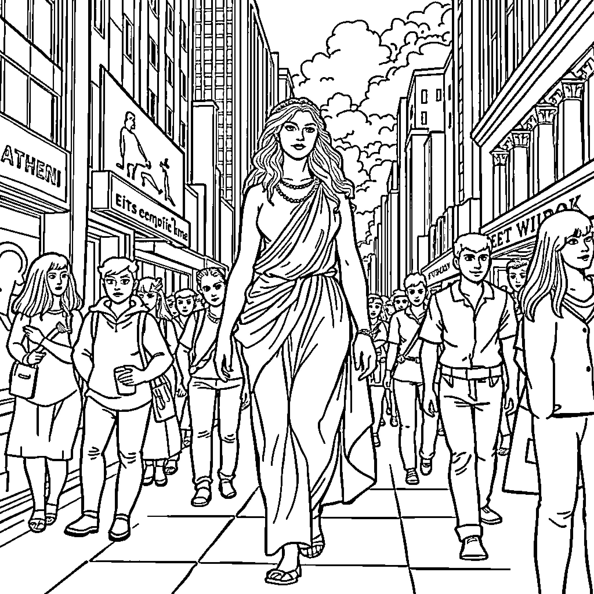 Athena Leads the Crowd through the City Streets Coloring Page (free black-and-white line drawing printable PDF for all, from beginners to advanced learners, including children, teens, adults, and seniors)