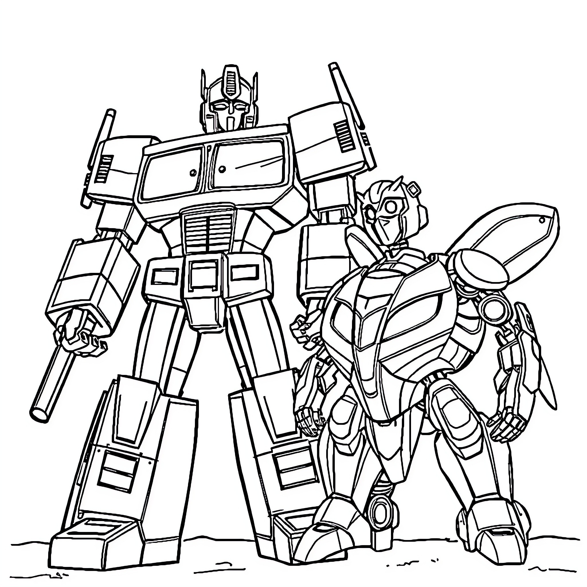 Transformer robots in action pose Coloring Page (free black-and-white line drawing printable PDF for all, from beginners to advanced learners, including children, teens, adults, and seniors)