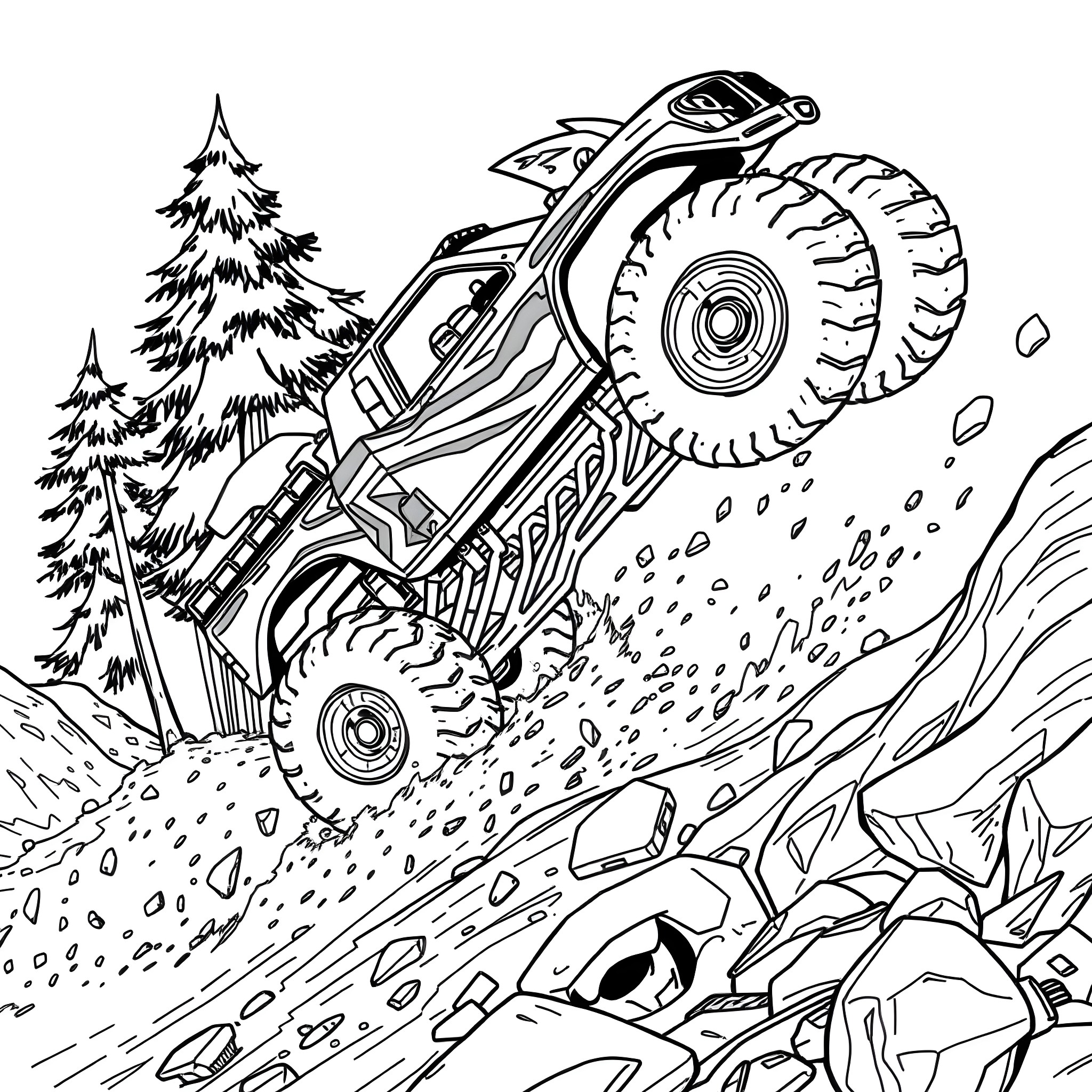 Sonic Monster Truck Speeding Through the Wilderness Coloring Page (free black-and-white line drawing printable PDF for all, from beginners to advanced learners, including children, teens, adults, and seniors)