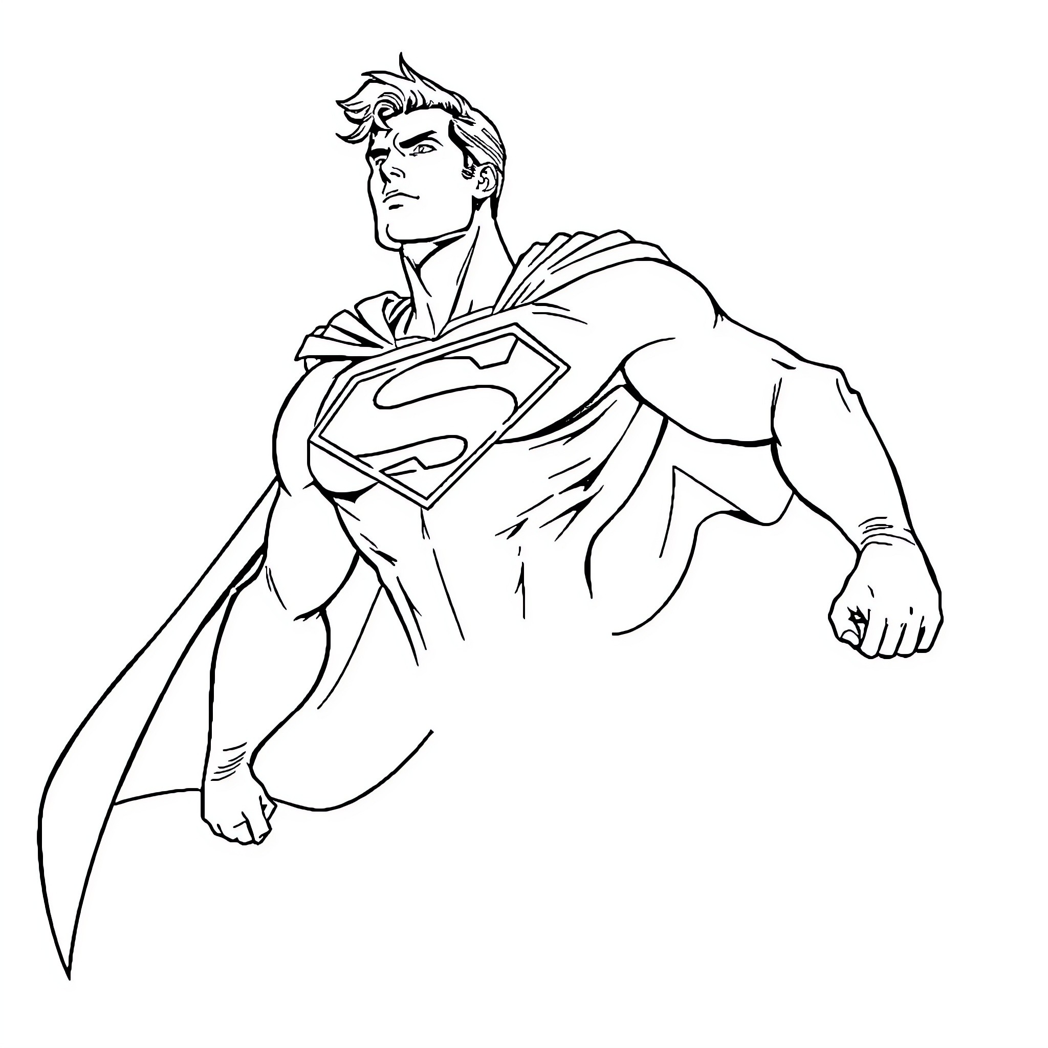 Superman taking action with heroic pose Coloring Page (free black-and-white line drawing printable PDF for all, from beginners to advanced learners, including children, teens, adults, and seniors)