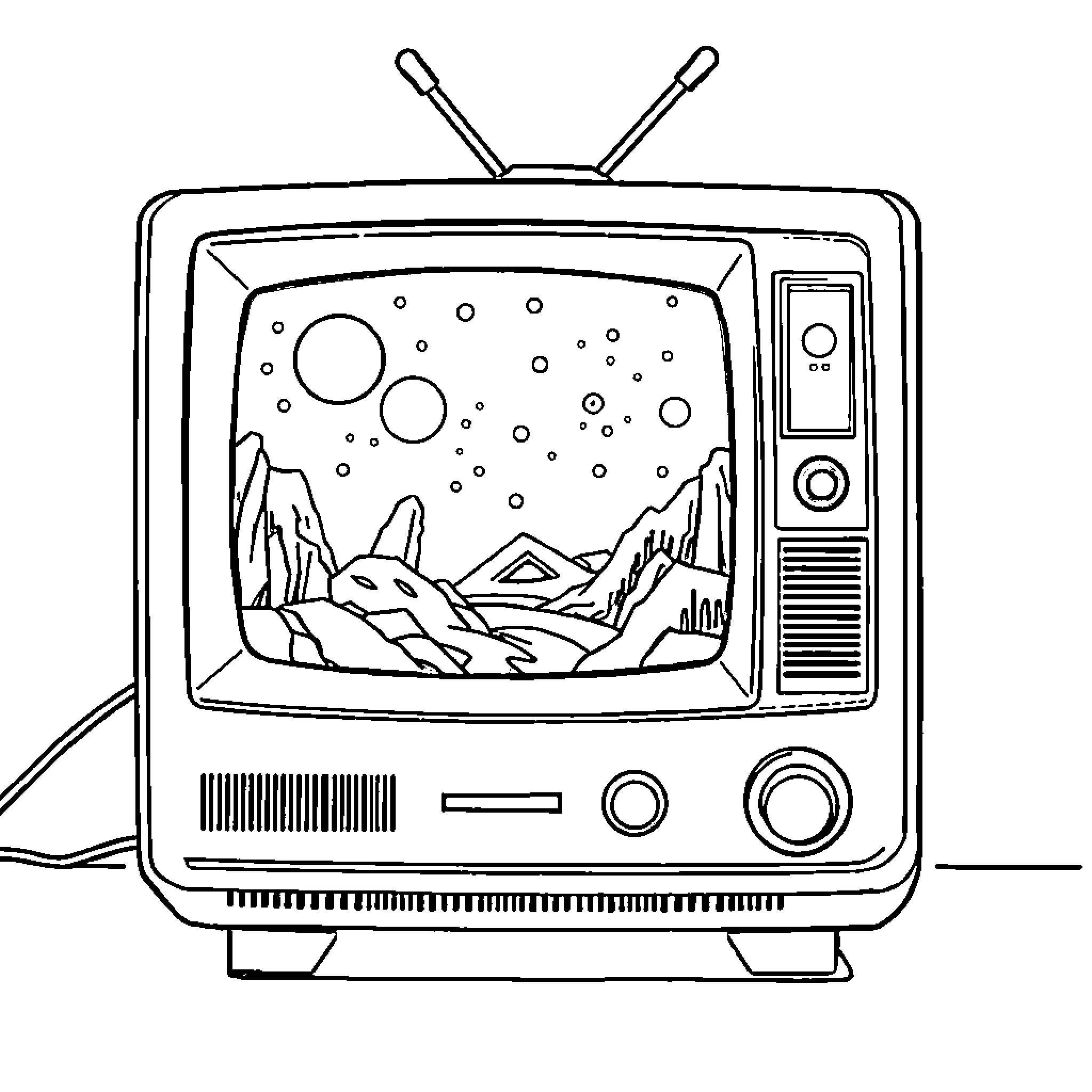 Xenosega: Retro TV displaying snowy mountain landscape Coloring Page (free black-and-white line drawing printable PDF for all, from beginners to advanced learners, including children, teens, adults, and seniors)