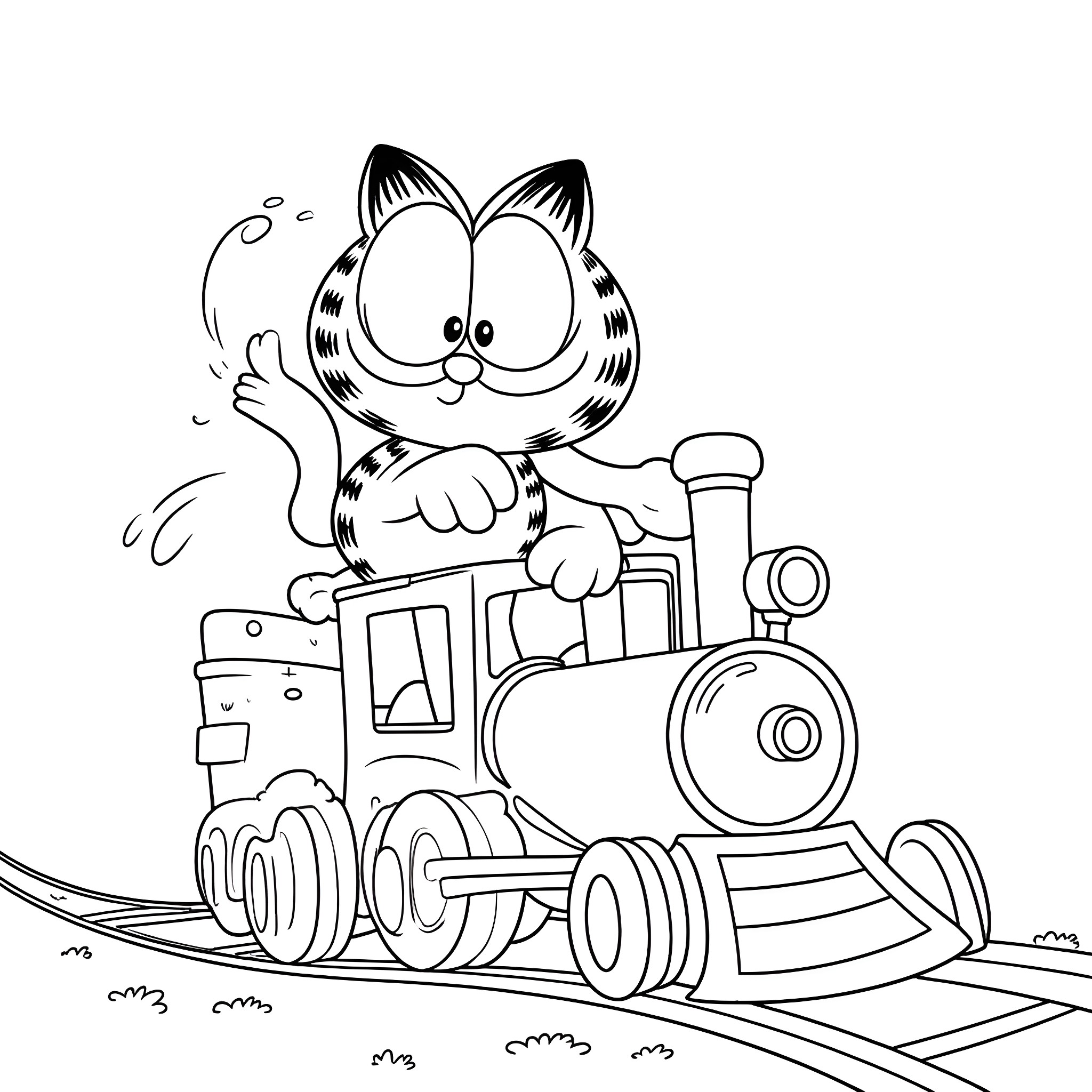 Garfield riding a toy train happily Coloring Page (free black-and-white line drawing printable PDF for all, from beginners to advanced learners, including children, teens, adults, and seniors)