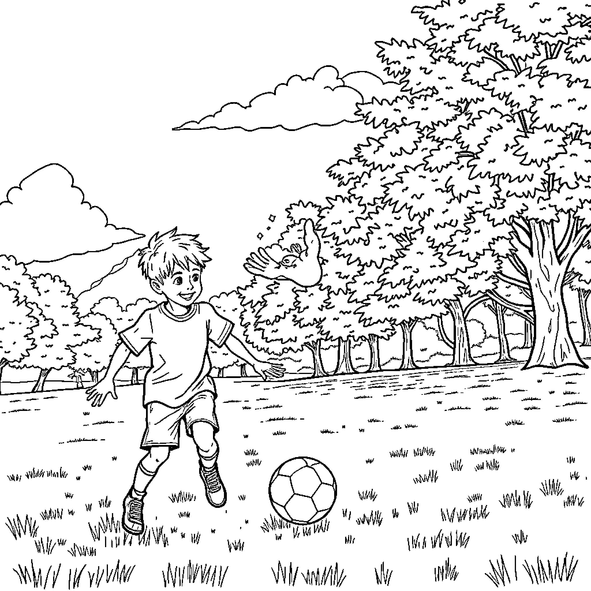 Boy playing with soccer ball in park Coloring Page (free black-and-white line drawing printable PDF for all, from beginners to advanced learners, including children, teens, adults, and seniors)