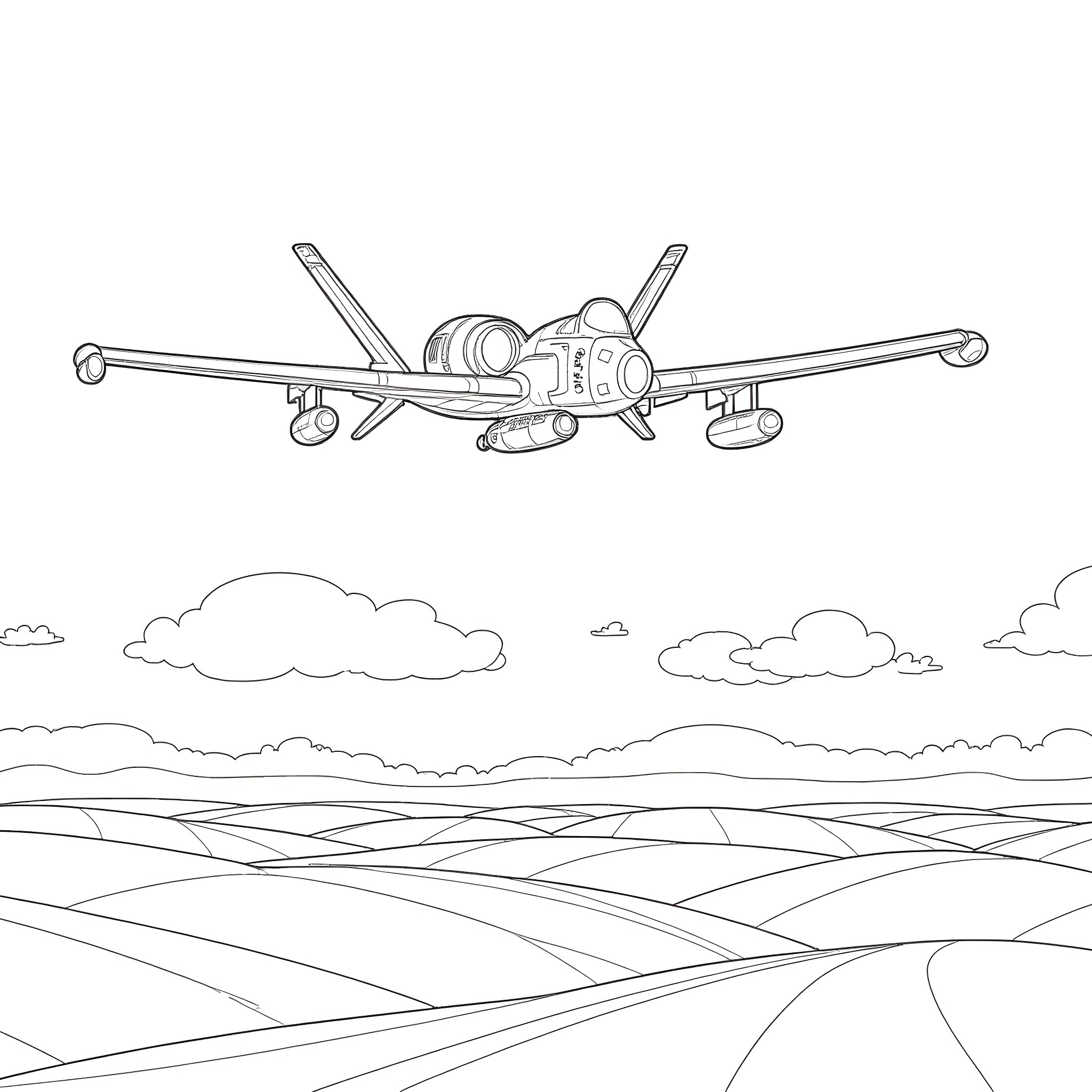 A-10 Thunderbolt II in flight over rural landscape Coloring Page (free black-and-white line drawing printable PDF for all, from beginners to advanced learners, including children, teens, adults, and seniors)