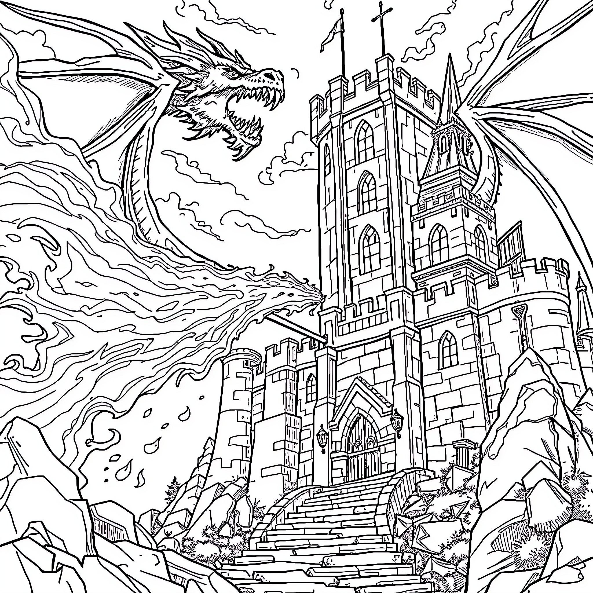 Dragon attacking a majestic castle in the clouds Coloring Page (free black-and-white line drawing printable PDF for all, from beginners to advanced learners, including children, teens, adults, and seniors)