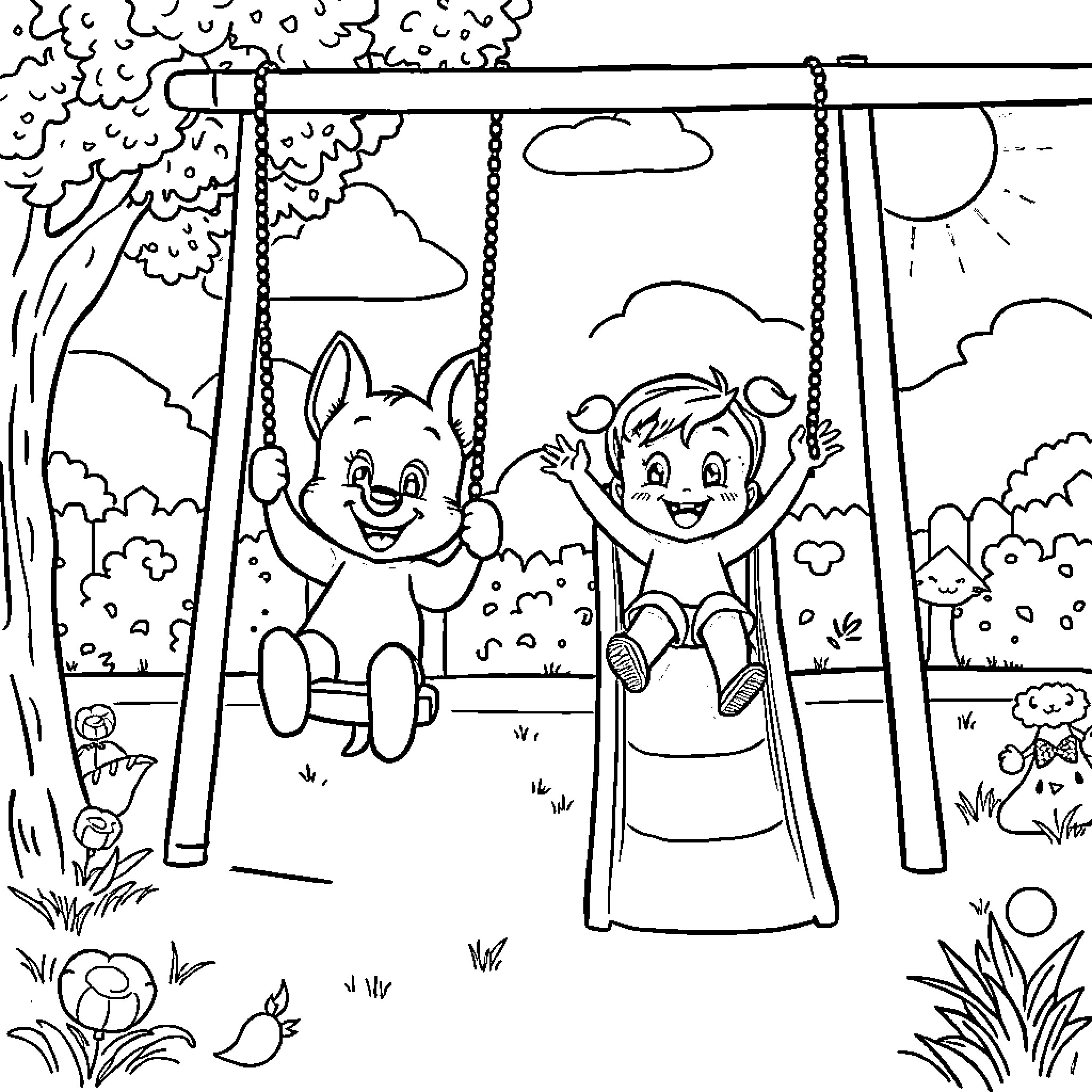 Bluey and Friend Enjoy Swinging on Playground Coloring Page (free black-and-white line drawing printable PDF for all, from beginners to advanced learners, including children, teens, adults, and seniors)