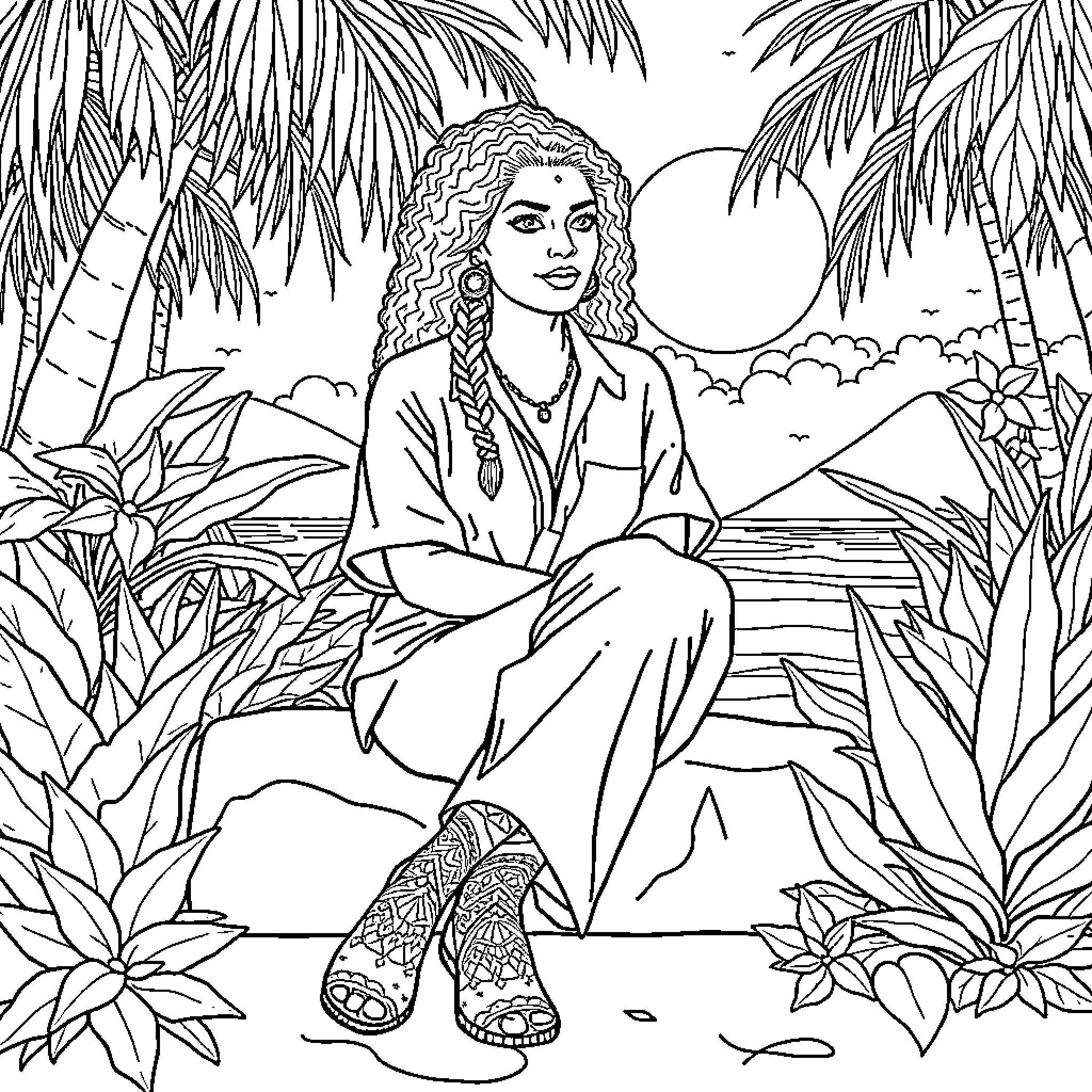 Sappho contemplates in a tropical paradise Coloring Page (free black-and-white line drawing printable PDF for all, from beginners to advanced learners, including children, teens, adults, and seniors)