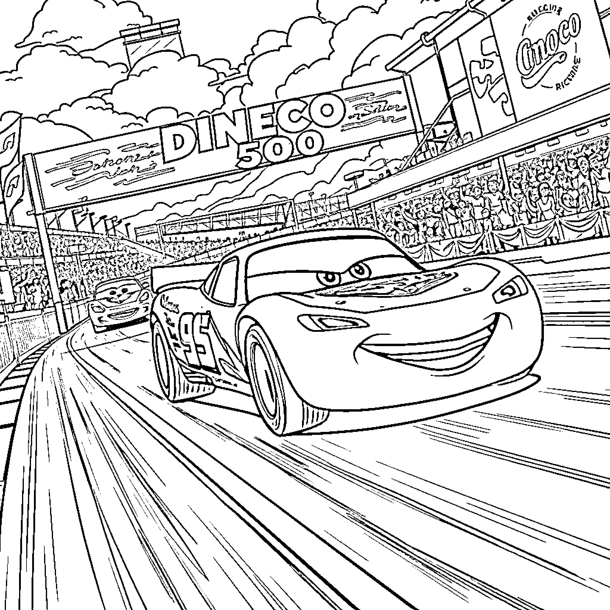 Lightning McQueen racing on the Dineco 500 track Coloring Page (free black-and-white line drawing printable PDF for all, from beginners to advanced learners, including children, teens, adults, and seniors)