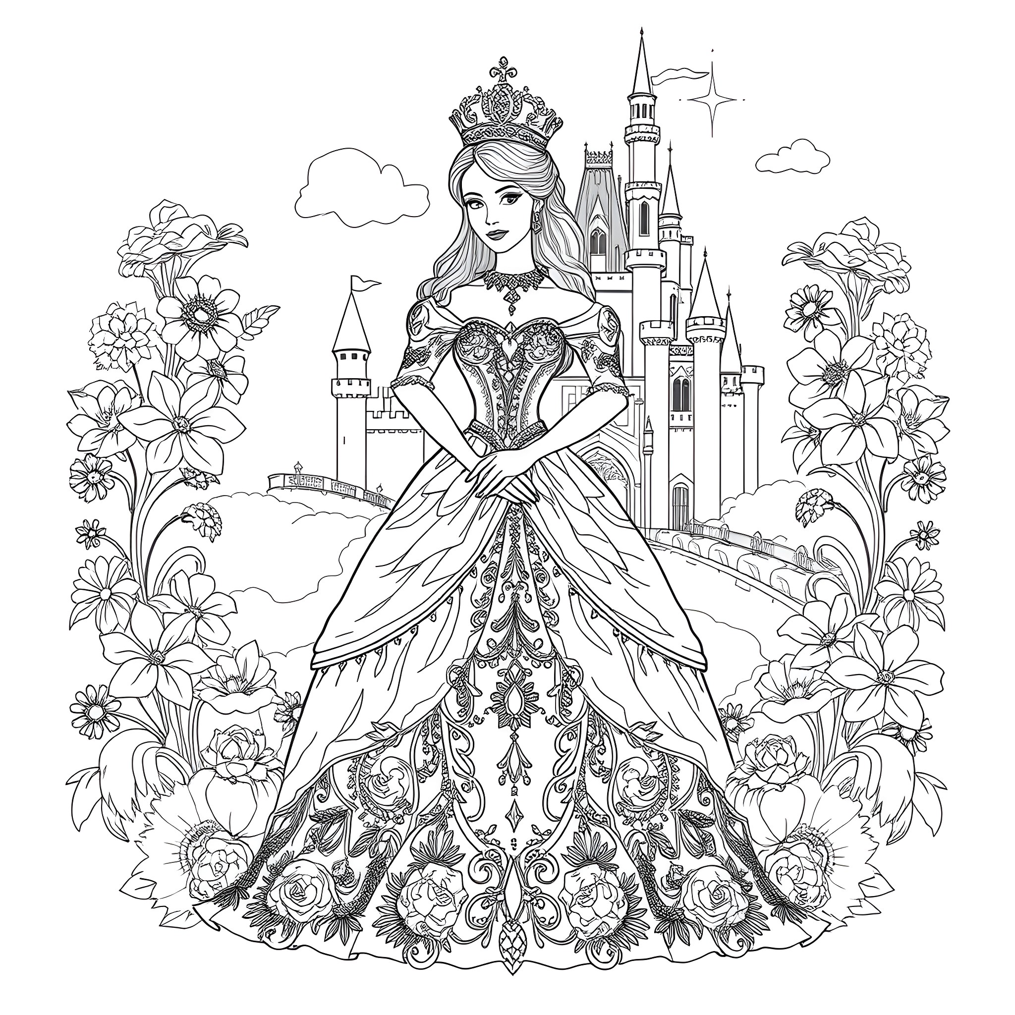 Princess in a Magnificent Gown in a Fairy-Tale Kingdom Coloring Page (free black-and-white line drawing printable PDF for all, from beginners to advanced learners, including children, teens, adults, and seniors)