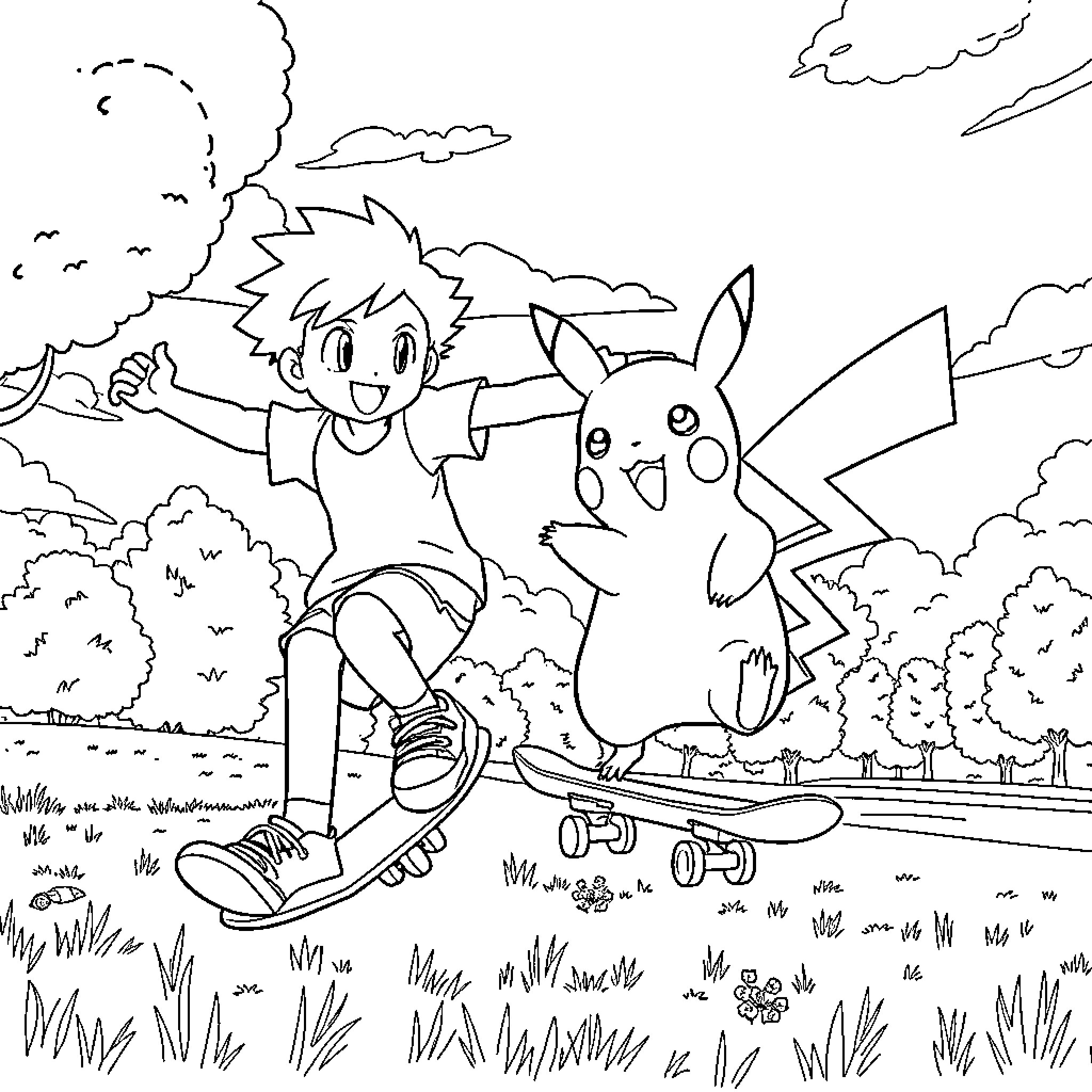Pikachu and boy playing on a skateboard in nature Coloring Page (free black-and-white line drawing printable PDF for all, from beginners to advanced learners, including children, teens, adults, and seniors)