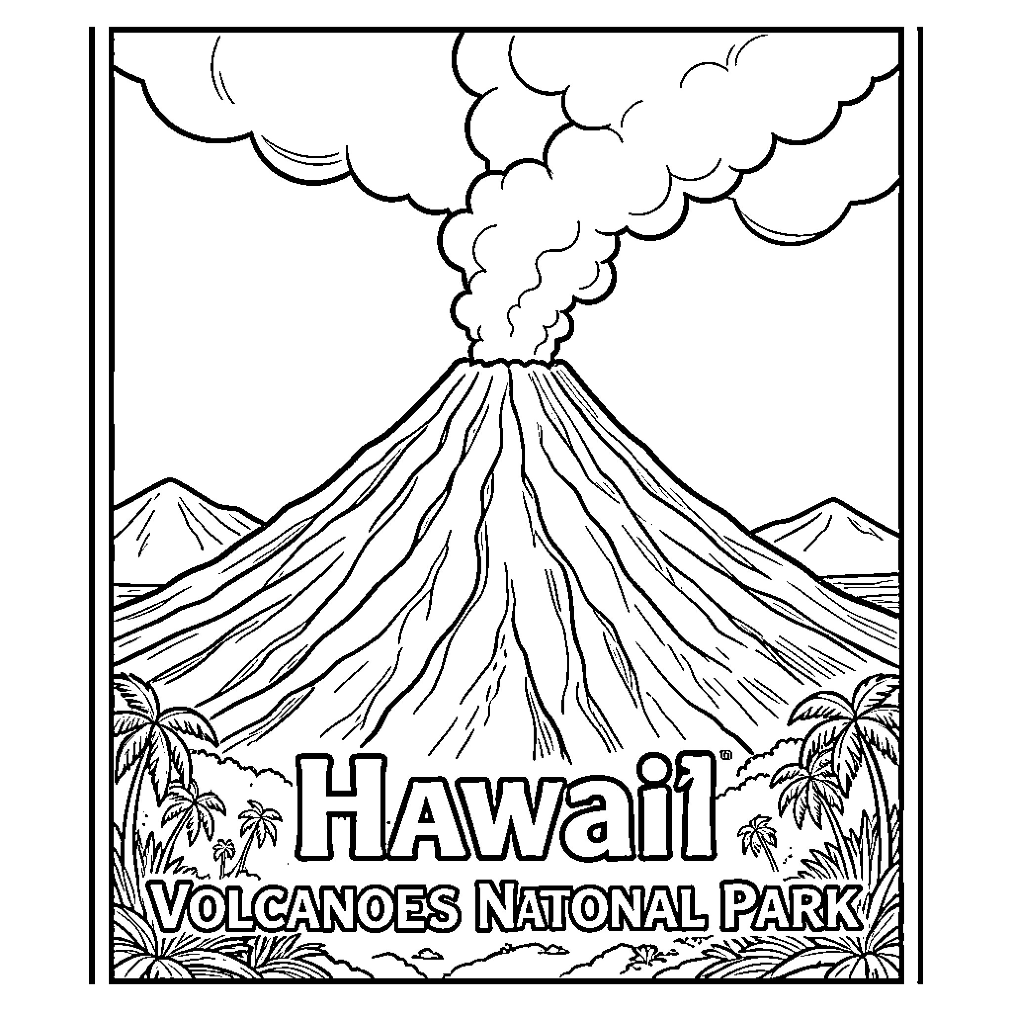 Volcano erupting in scenic Hawaiian landscape Coloring Page (free black-and-white line drawing printable PDF for all, from beginners to advanced learners, including children, teens, adults, and seniors)