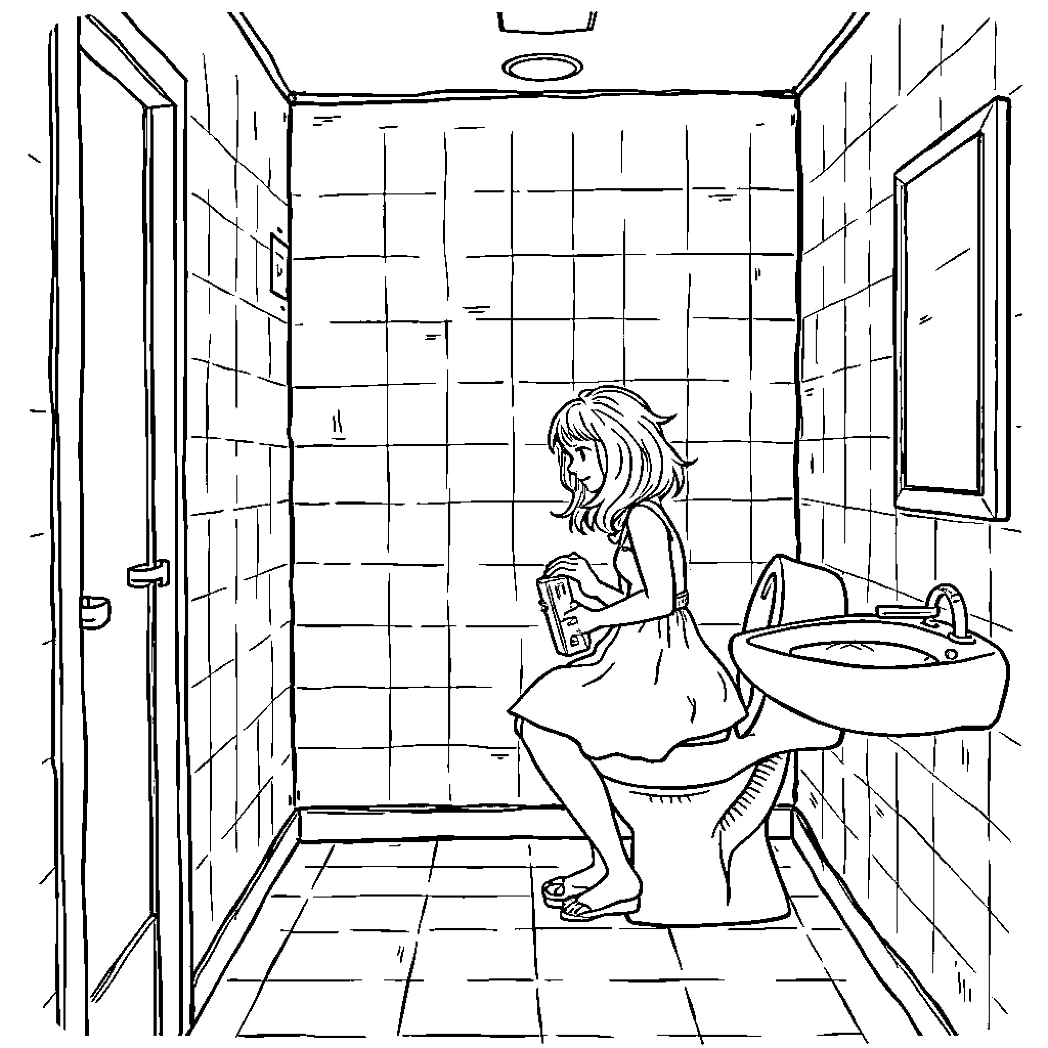Woman sitting on toilet in bathroom Coloring Page (free black-and-white line drawing printable PDF for all, from beginners to advanced learners, including children, teens, adults, and seniors)
