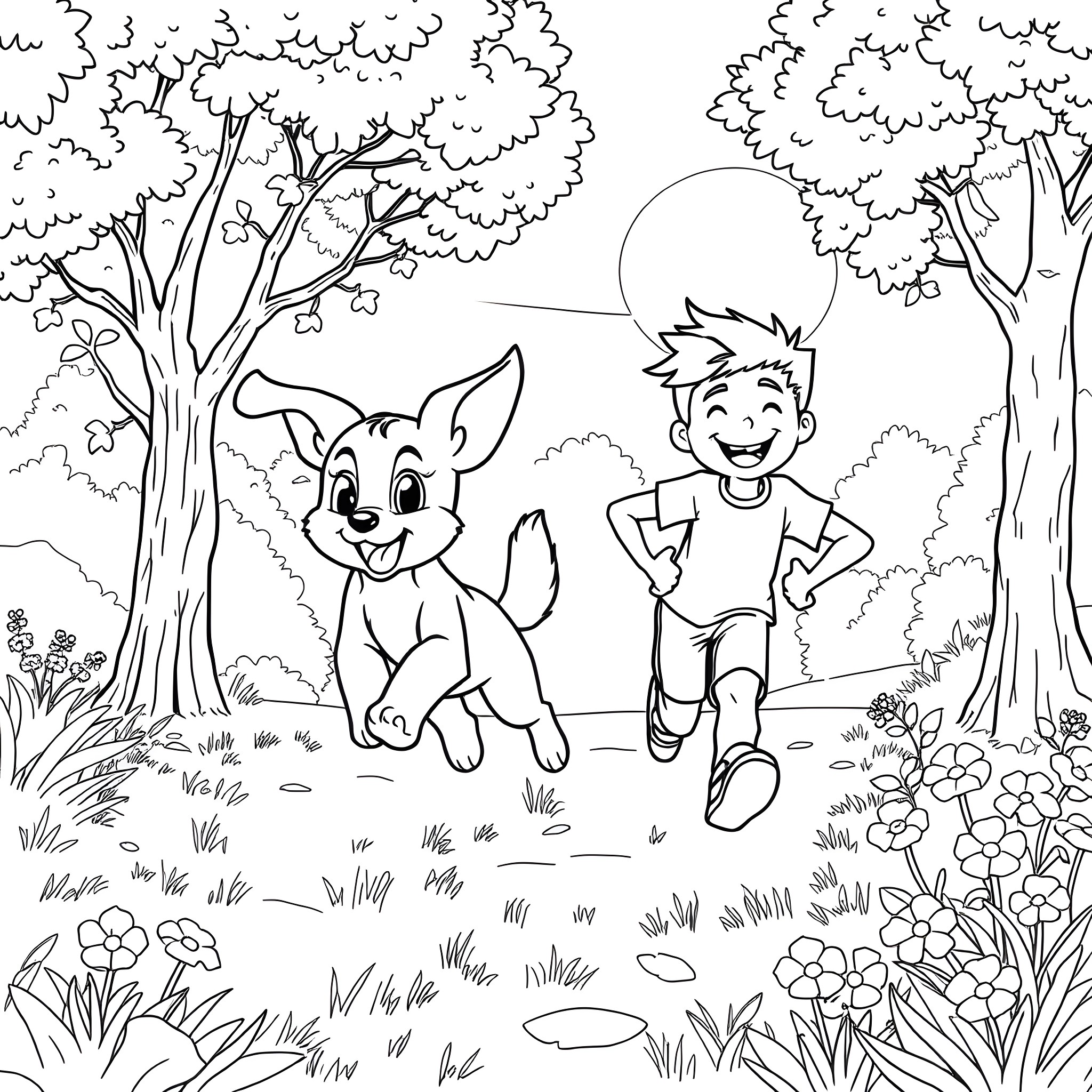 Bluey and his friend playing in the forest Coloring Page (free black-and-white line drawing printable PDF for all, from beginners to advanced learners, including children, teens, adults, and seniors)