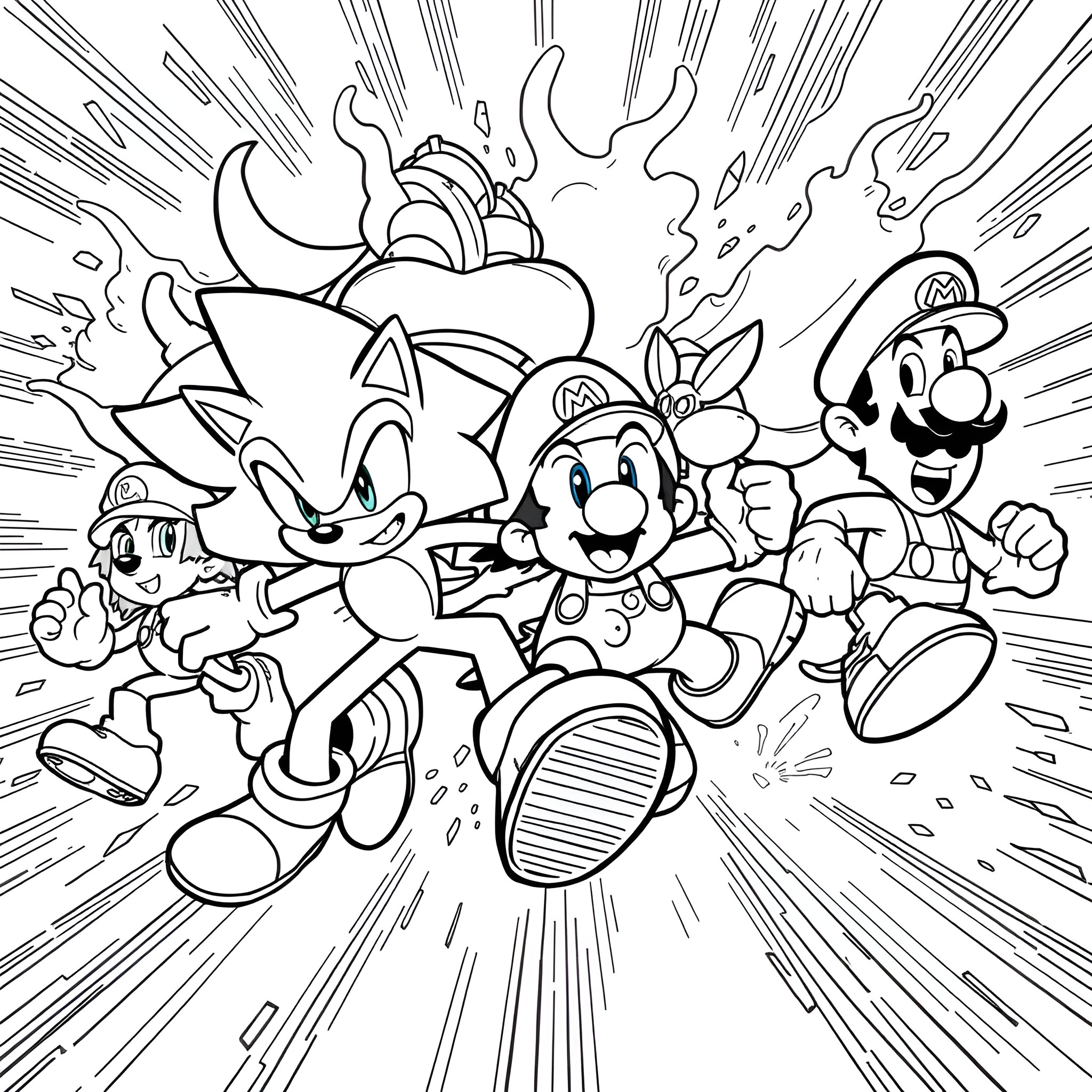 Sonic and Friends in Explosive Action Coloring Page (free black-and-white line drawing printable PDF for all, from beginners to advanced learners, including children, teens, adults, and seniors)