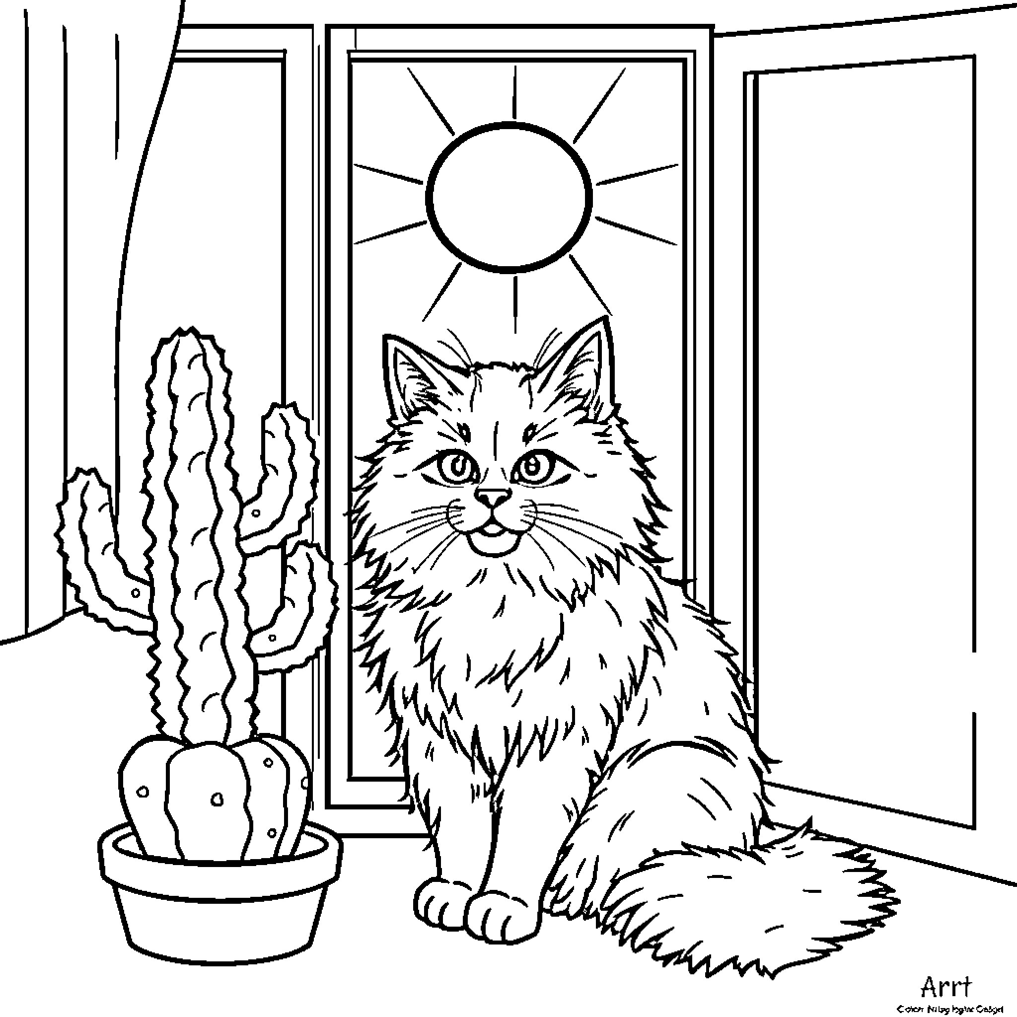 Cat in a Southwestern Scene Coloring Page (free black-and-white line drawing printable PDF for all, from beginners to advanced learners, including children, teens, adults, and seniors)