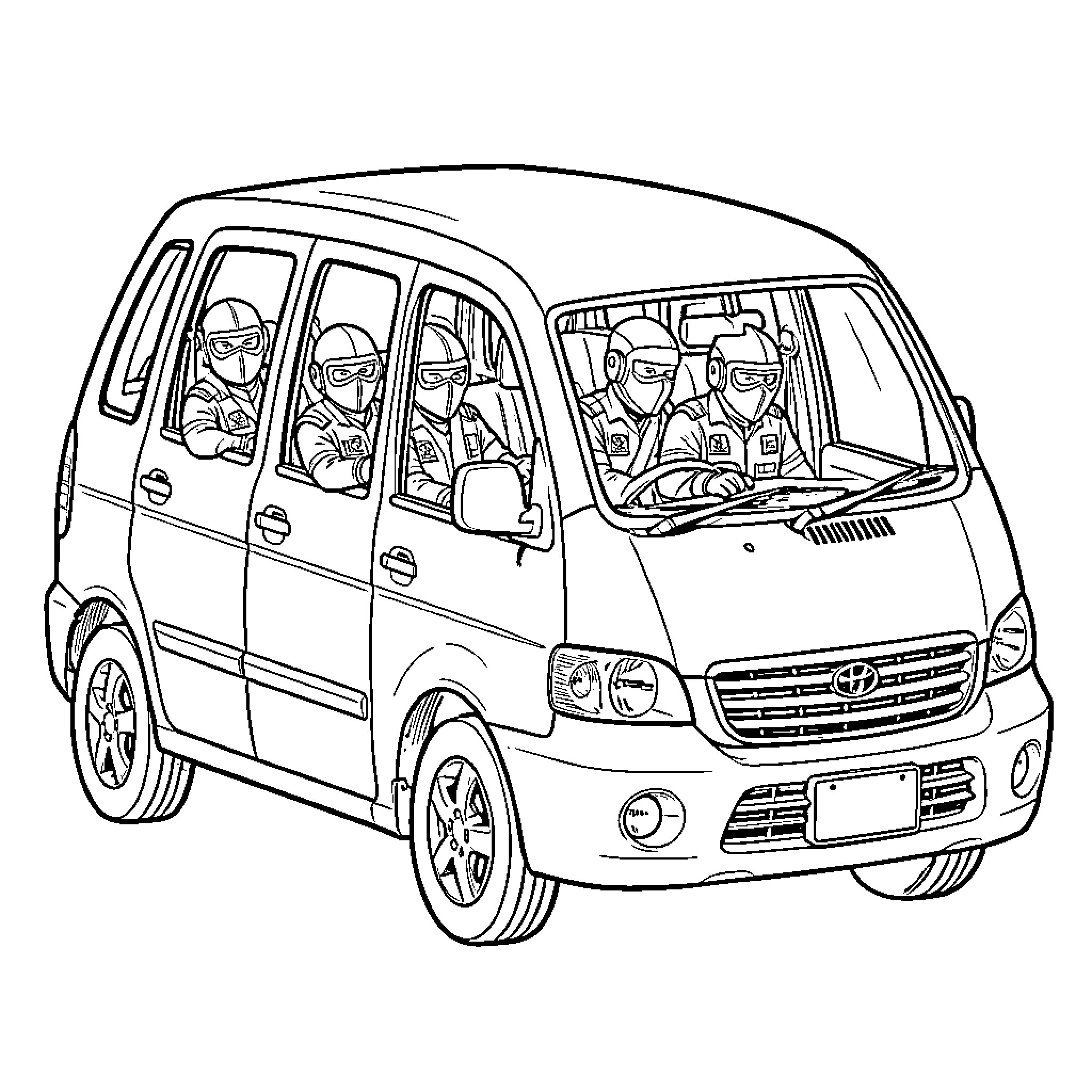 Ice Agent Crew Riding in an Armored Vehicle Coloring Page (free black-and-white line drawing printable PDF for all, from beginners to advanced learners, including children, teens, adults, and seniors)