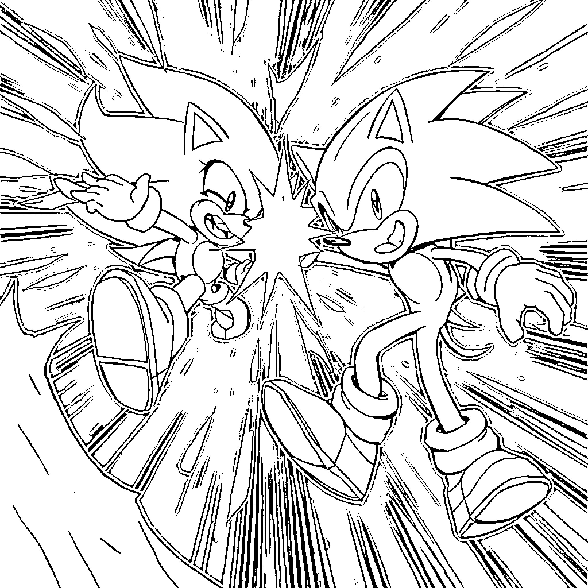 Sonic characters in dynamic action sequence Coloring Page (free black-and-white line drawing printable PDF for all, from beginners to advanced learners, including children, teens, adults, and seniors)