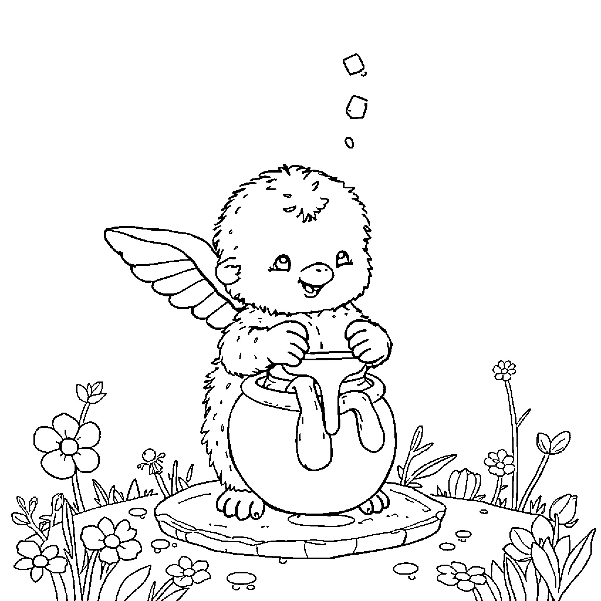 Bear happily playing in floral meadow Coloring Page (free black-and-white line drawing printable PDF for all, from beginners to advanced learners, including children, teens, adults, and seniors)