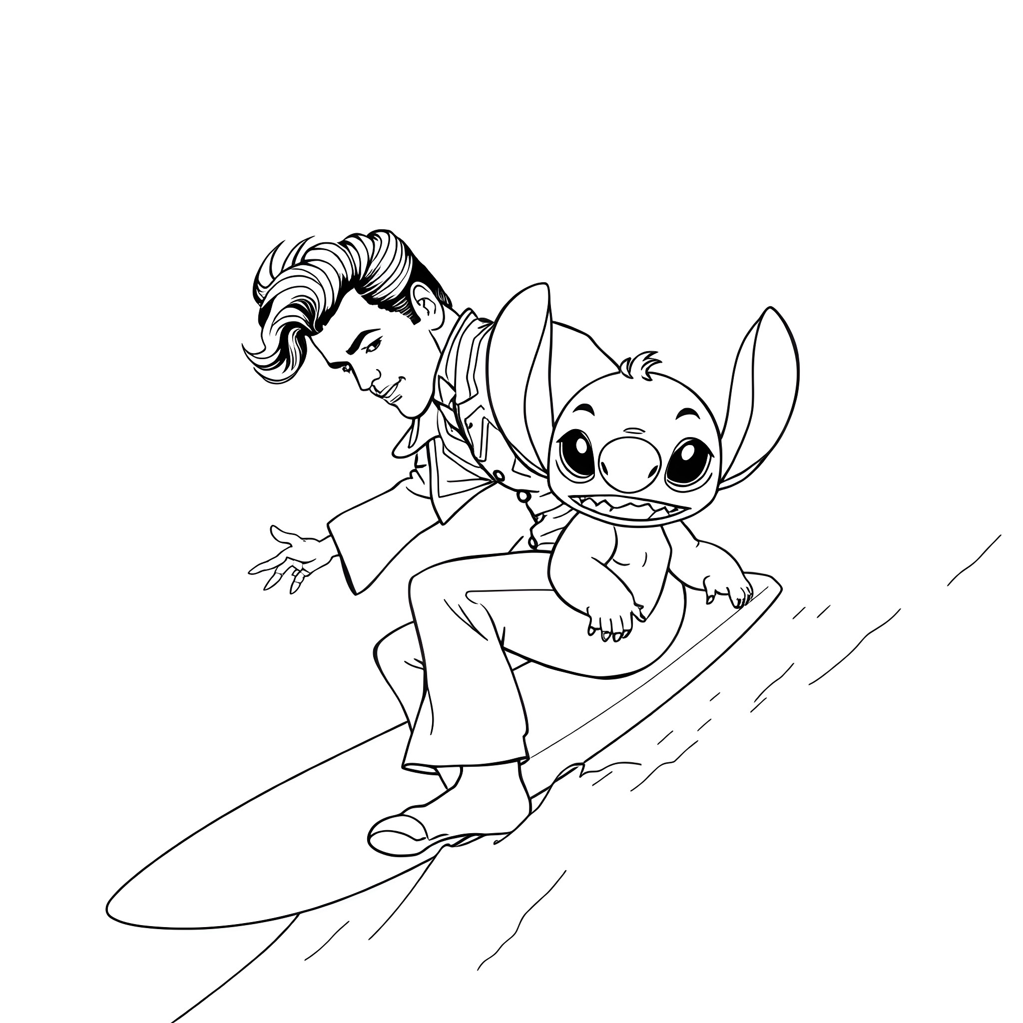 Elvis surfing with lovable creature Coloring Page (free black-and-white line drawing printable PDF for all, from beginners to advanced learners, including children, teens, adults, and seniors)
