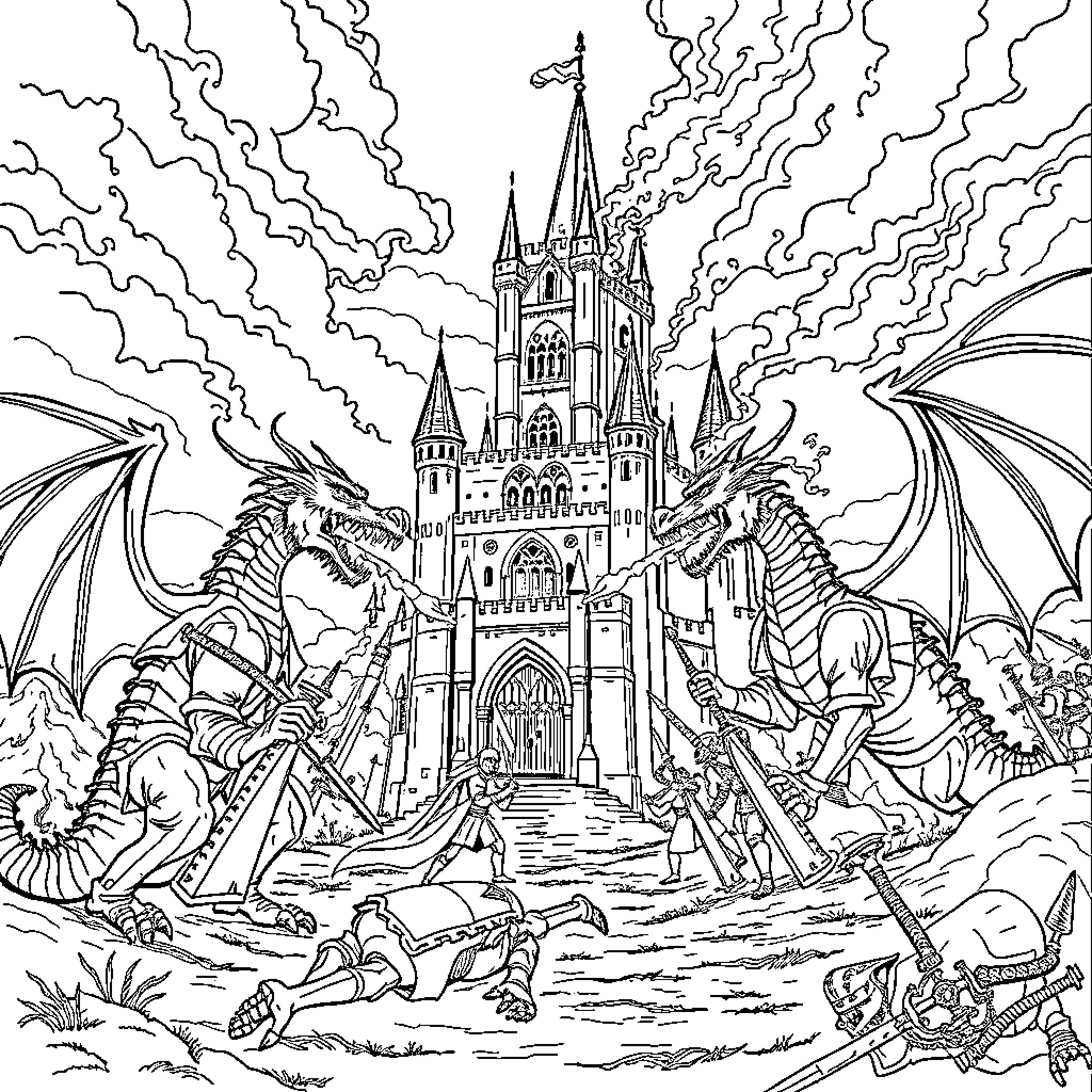 Castle defended by fierce dragons against intruders Coloring Page (free black-and-white line drawing printable PDF for all, from beginners to advanced learners, including children, teens, adults, and seniors)