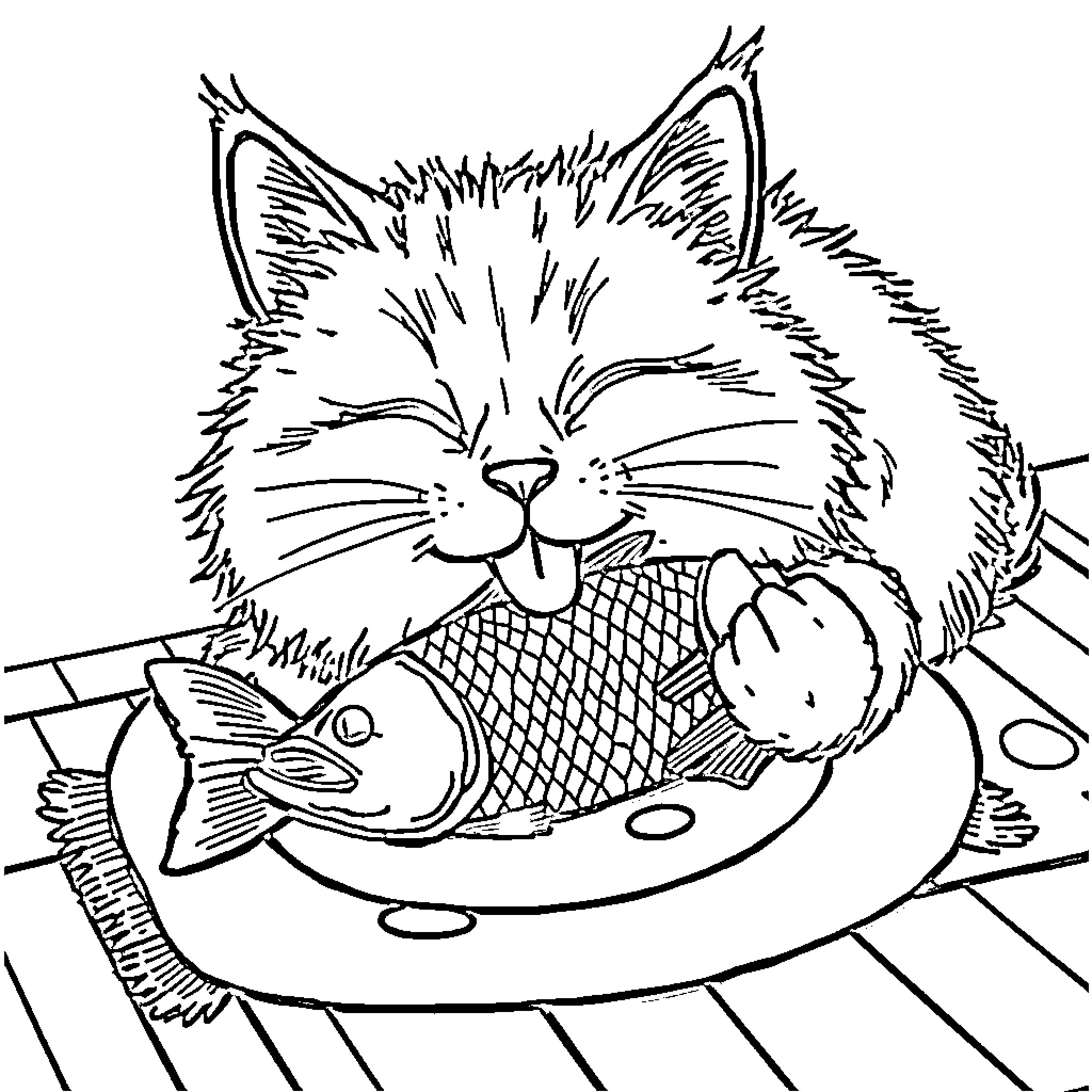 Cat enjoying a tasty fish meal Coloring Page (free black-and-white line drawing printable PDF for all, from beginners to advanced learners, including children, teens, adults, and seniors)
