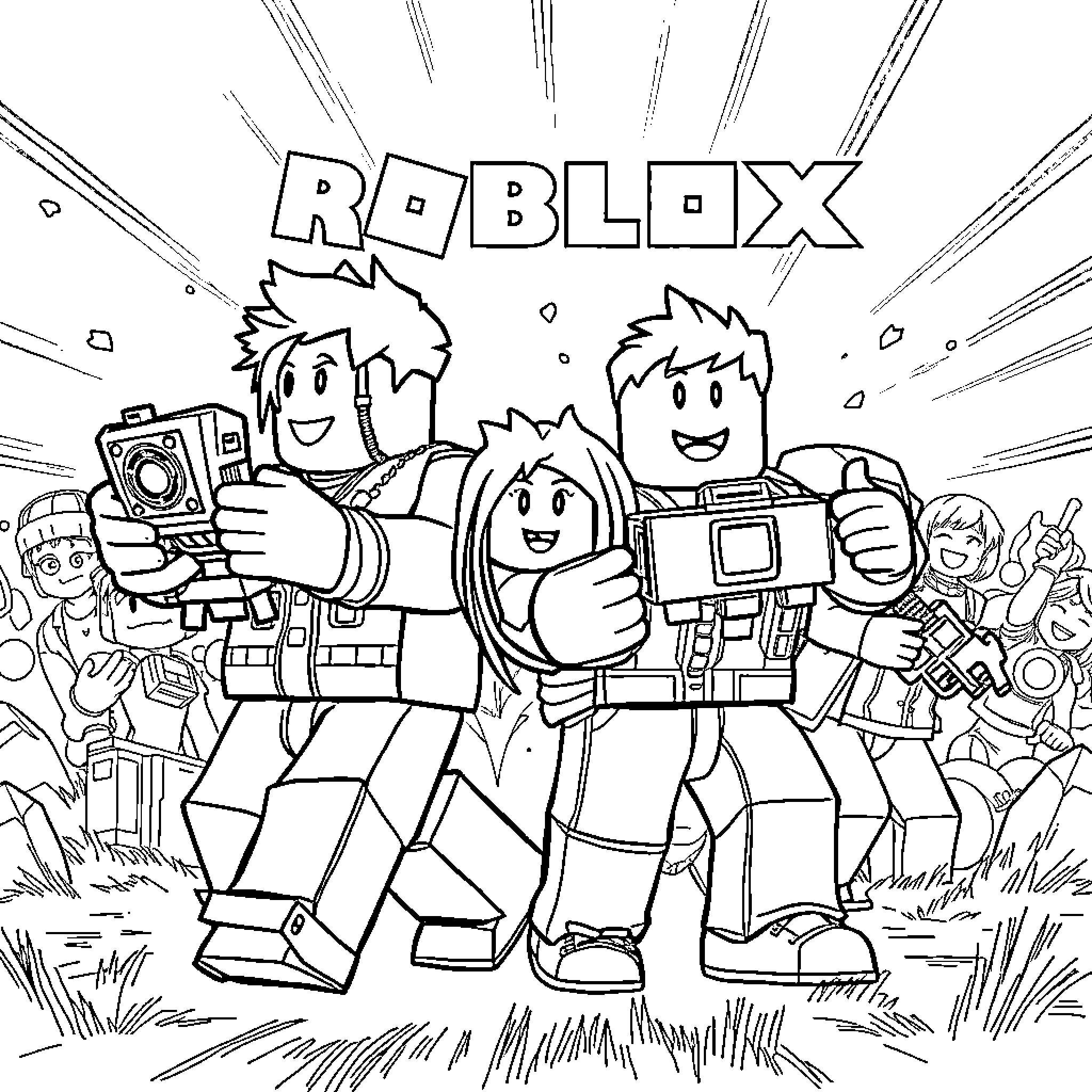 Roblox Players Engage in Animated Adventure Coloring Page (free black-and-white line drawing printable PDF for all, from beginners to advanced learners, including children, teens, adults, and seniors)