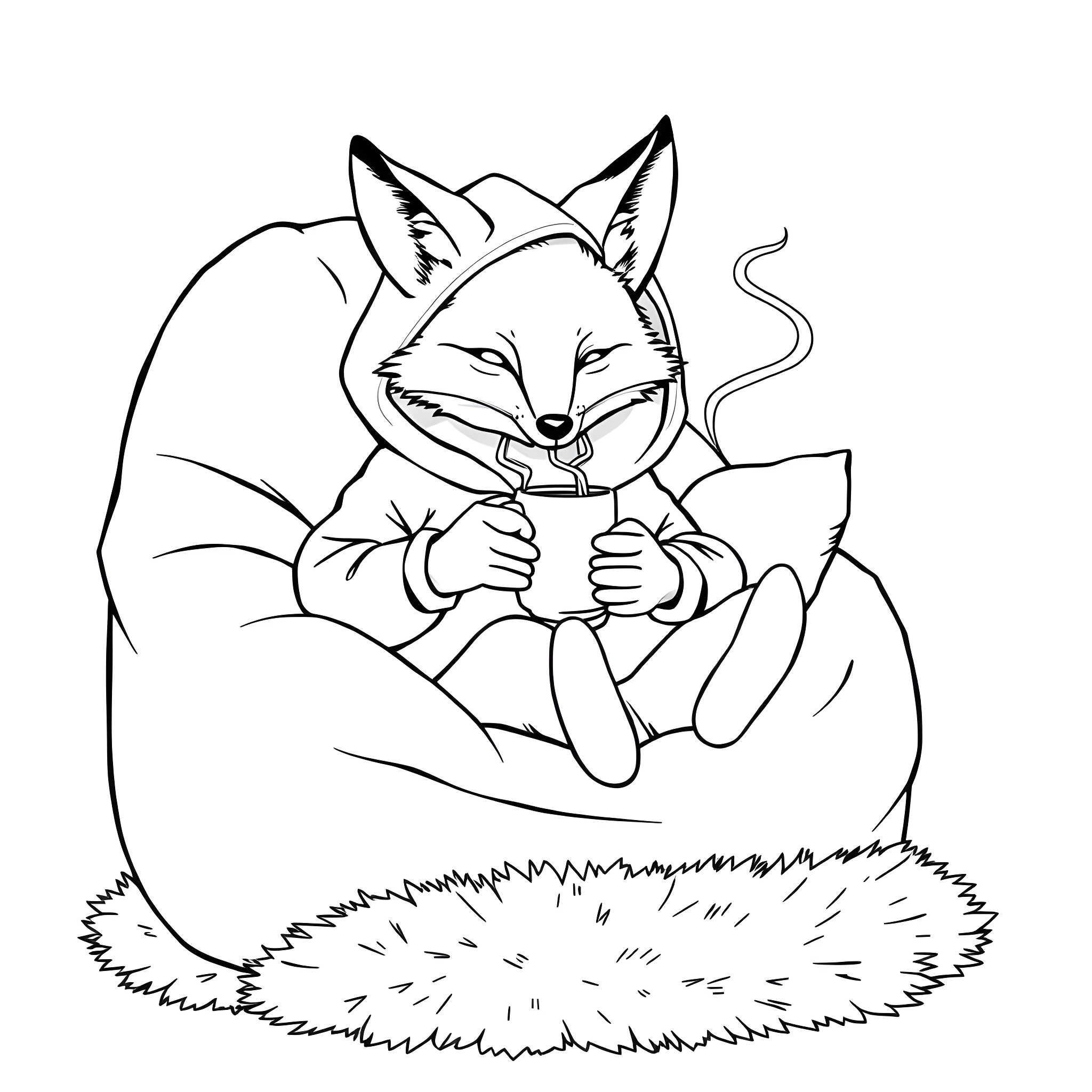 Fox relaxing with a hot beverage in the grass Coloring Page (free black-and-white line drawing printable PDF for all, from beginners to advanced learners, including children, teens, adults, and seniors)