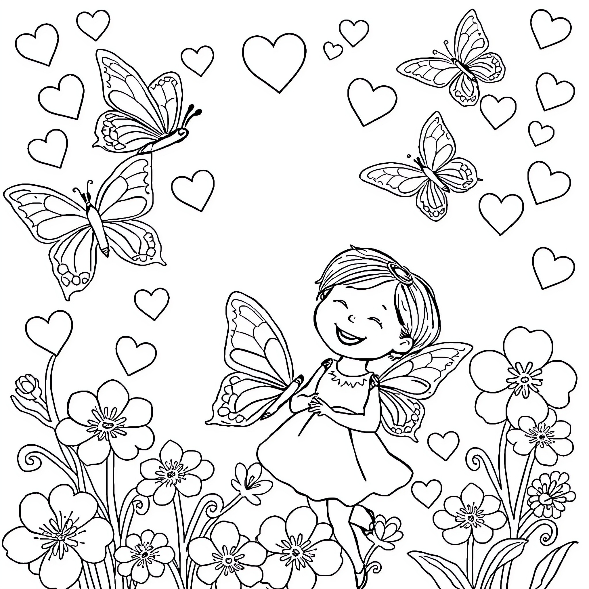 Heart-Shaped Butterflies and Flowers with Fairy Coloring Page (free black-and-white line drawing printable PDF for all, from beginners to advanced learners, including children, teens, adults, and seniors)