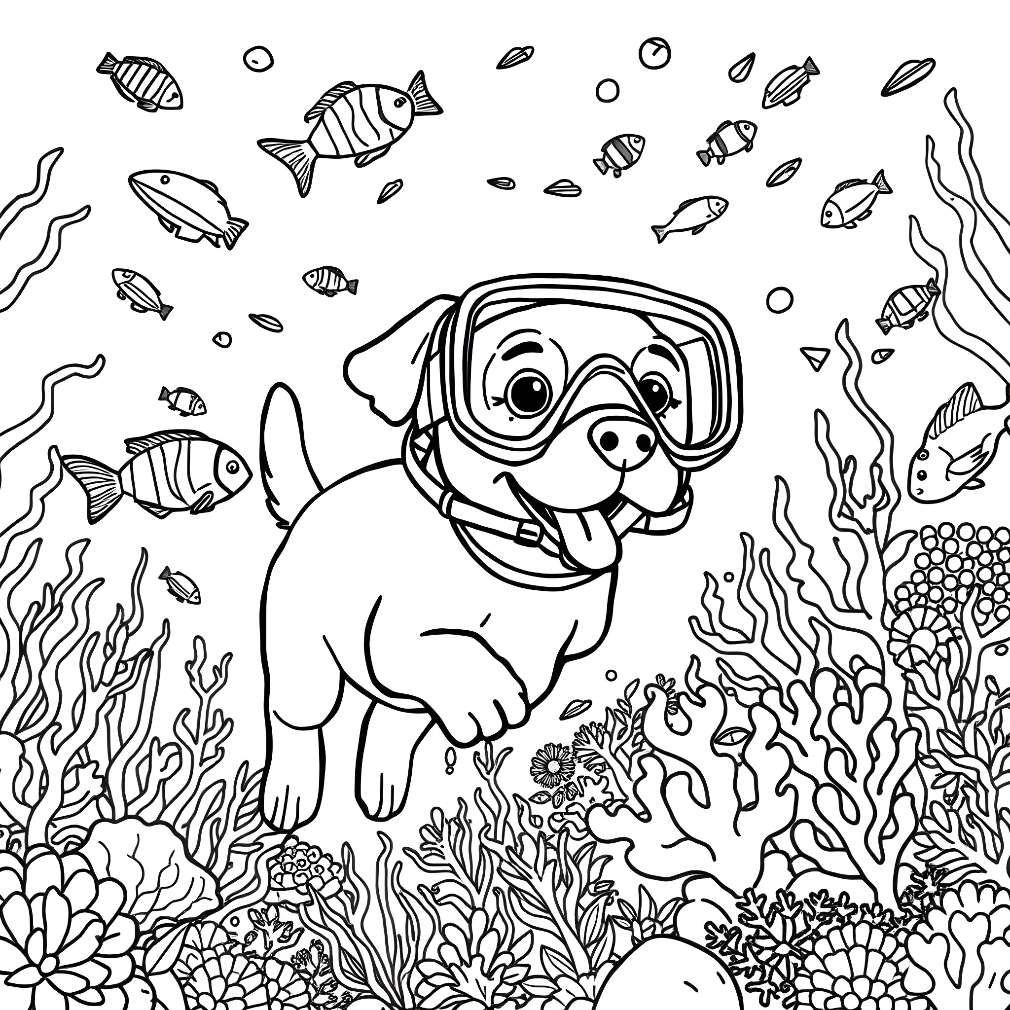 Dog diving underwater with fish friends Coloring Page (free black-and-white line drawing printable PDF for all, from beginners to advanced learners, including children, teens, adults, and seniors)