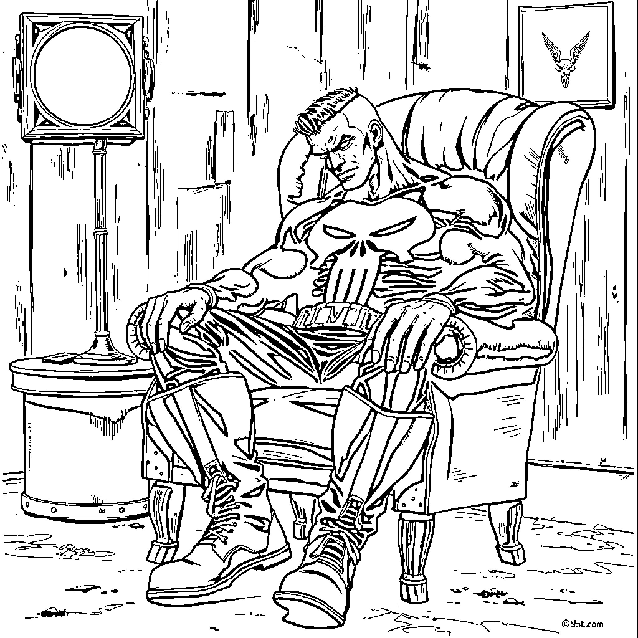 Punisher sits brooding in dark room Coloring Page (free black-and-white line drawing printable PDF for all, from beginners to advanced learners, including children, teens, adults, and seniors)