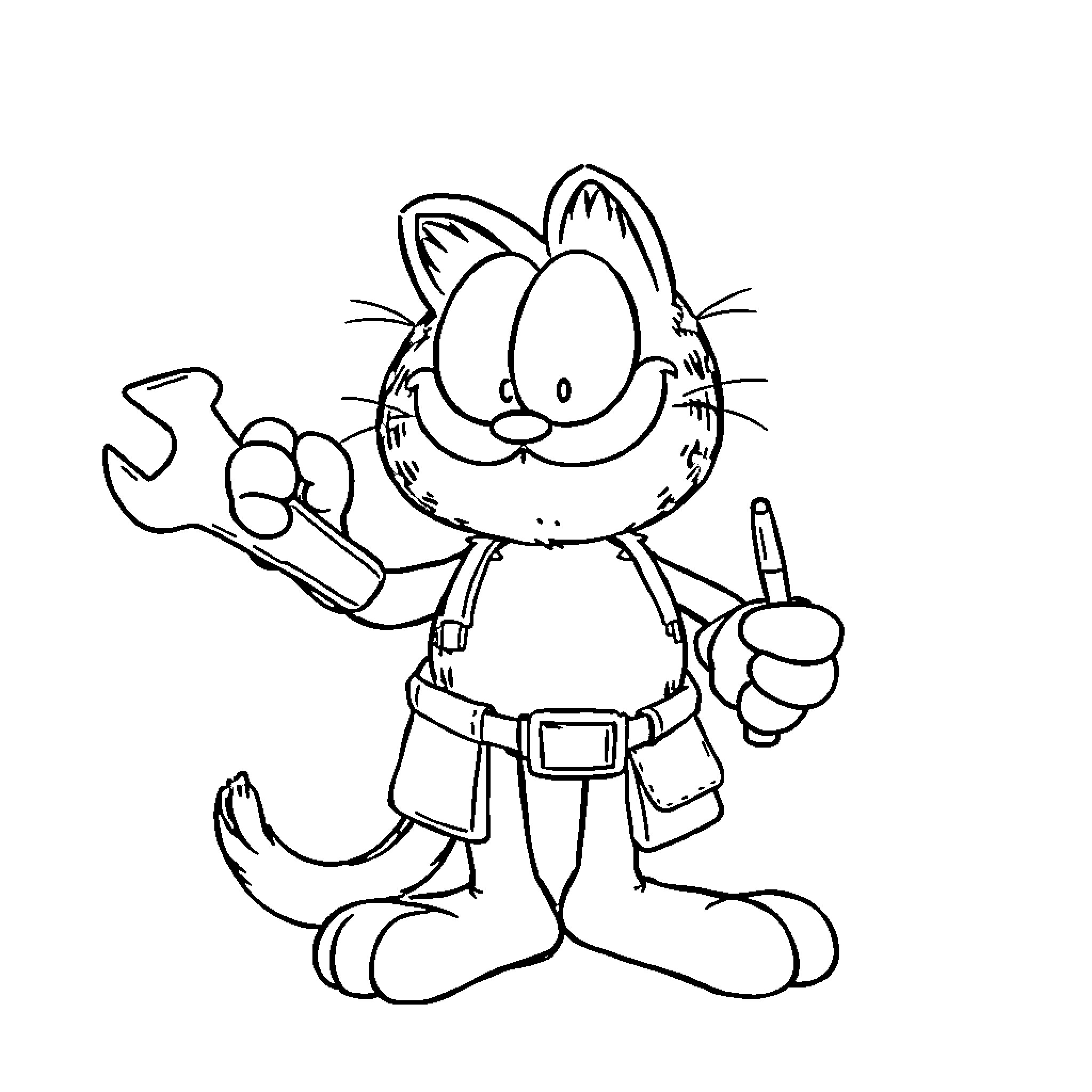 Garfield the Mechanic with Wrench and Screwdriver Coloring Page (free black-and-white line drawing printable PDF for all, from beginners to advanced learners, including children, teens, adults, and seniors)