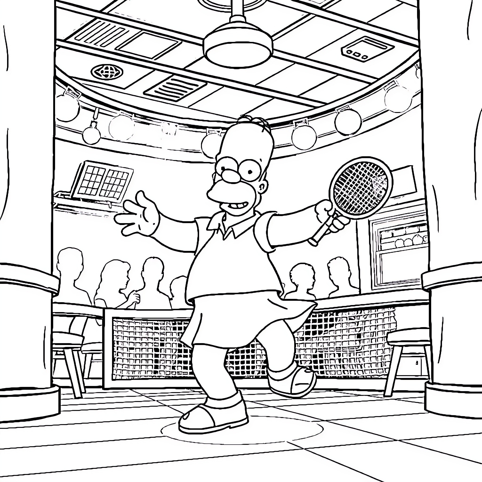 Homer's Tennis Match in Animated Setting Coloring Page (free black-and-white line drawing printable PDF for all, from beginners to advanced learners, including children, teens, adults, and seniors)