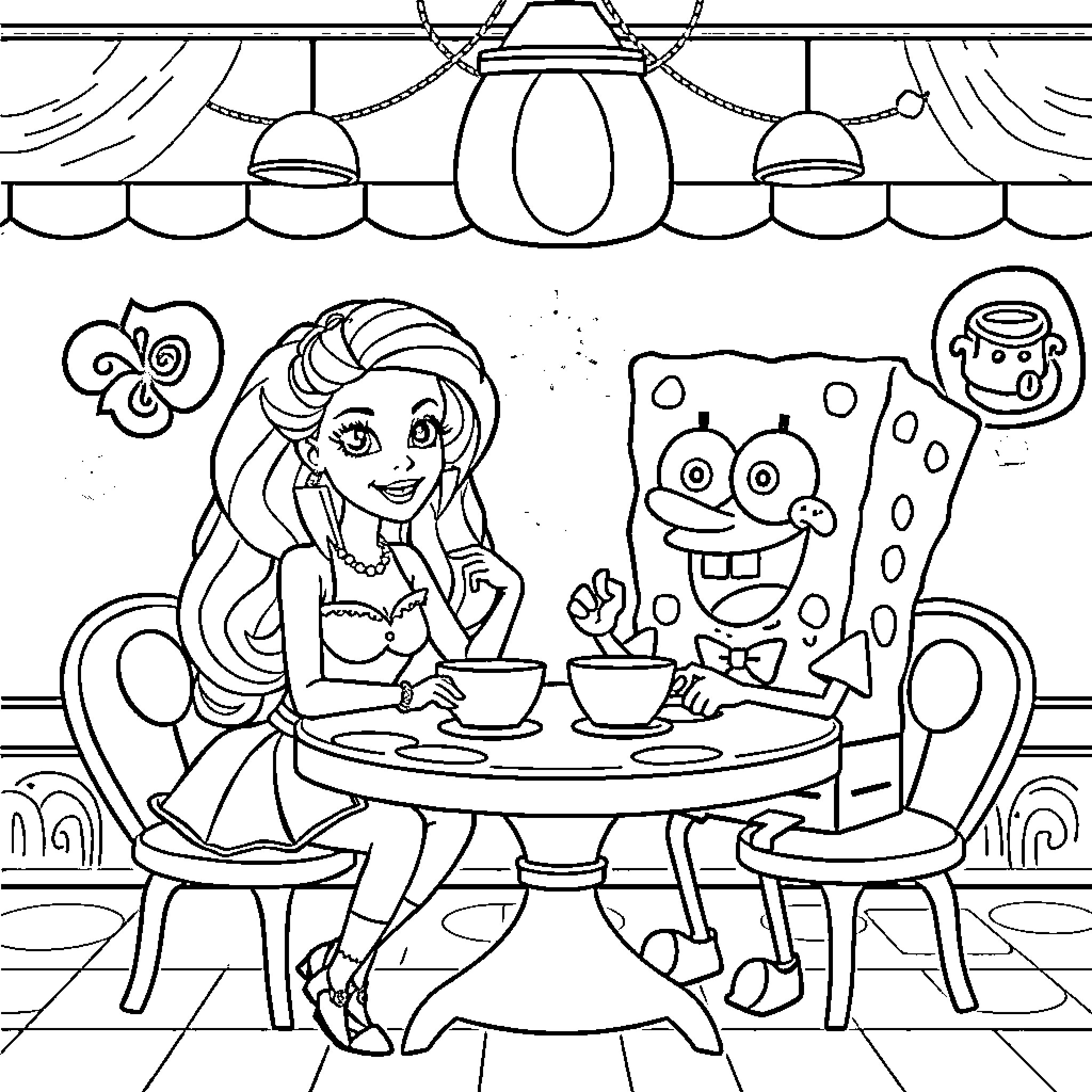 Barbie's Tea Party with Spongebob Coloring Page (free black-and-white line drawing printable PDF for all, from beginners to advanced learners, including children, teens, adults, and seniors)