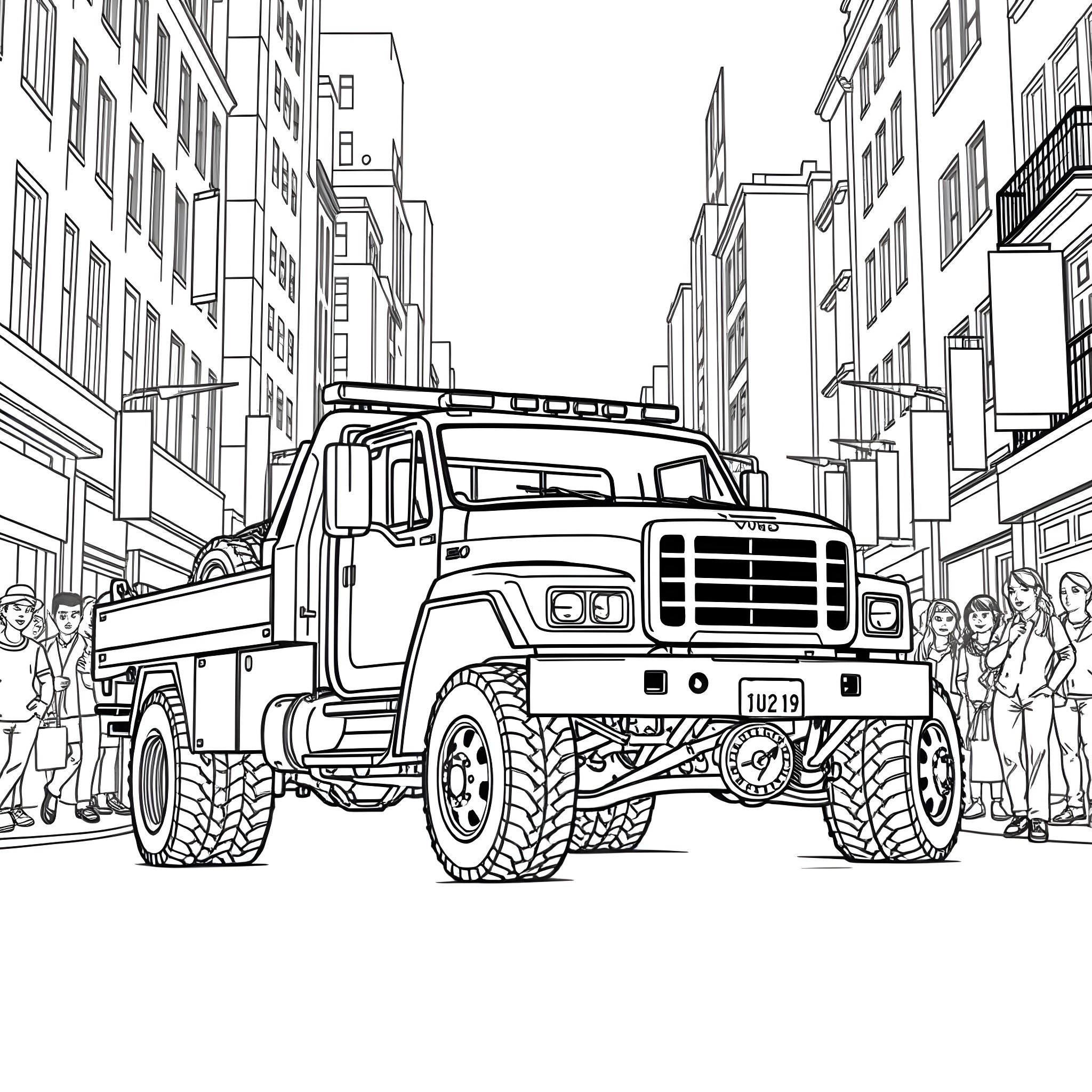 Wrecker truck in the urban city Coloring Page (free black-and-white line drawing printable PDF for all, from beginners to advanced learners, including children, teens, adults, and seniors)