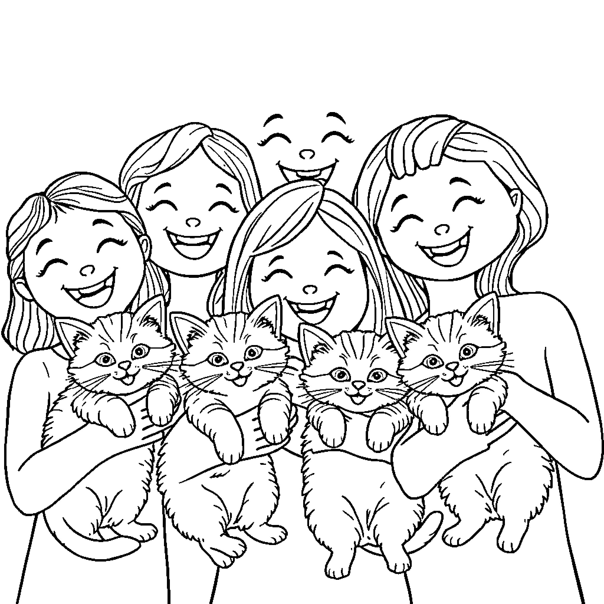 Cat Family Cuddles and Smiles Coloring Page (free black-and-white line drawing printable PDF for all, from beginners to advanced learners, including children, teens, adults, and seniors)