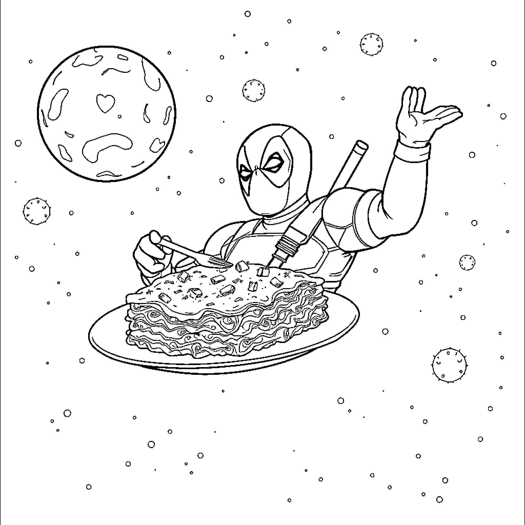 Deadpool Enjoying Cosmic Chimichanga in the Cosmos Coloring Page (free black-and-white line drawing printable PDF for all, from beginners to advanced learners, including children, teens, adults, and seniors)